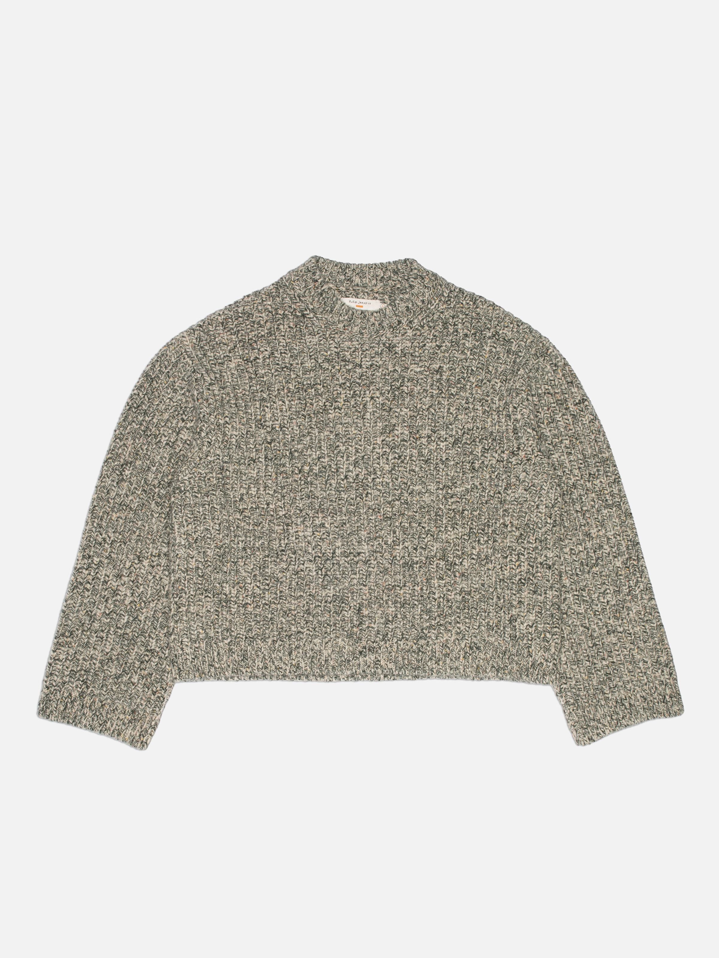 Nudie Jeans Gittan Sweater Chunky Knit in Green Melange, regular fit crew neck sweater shown in a full flat shot.