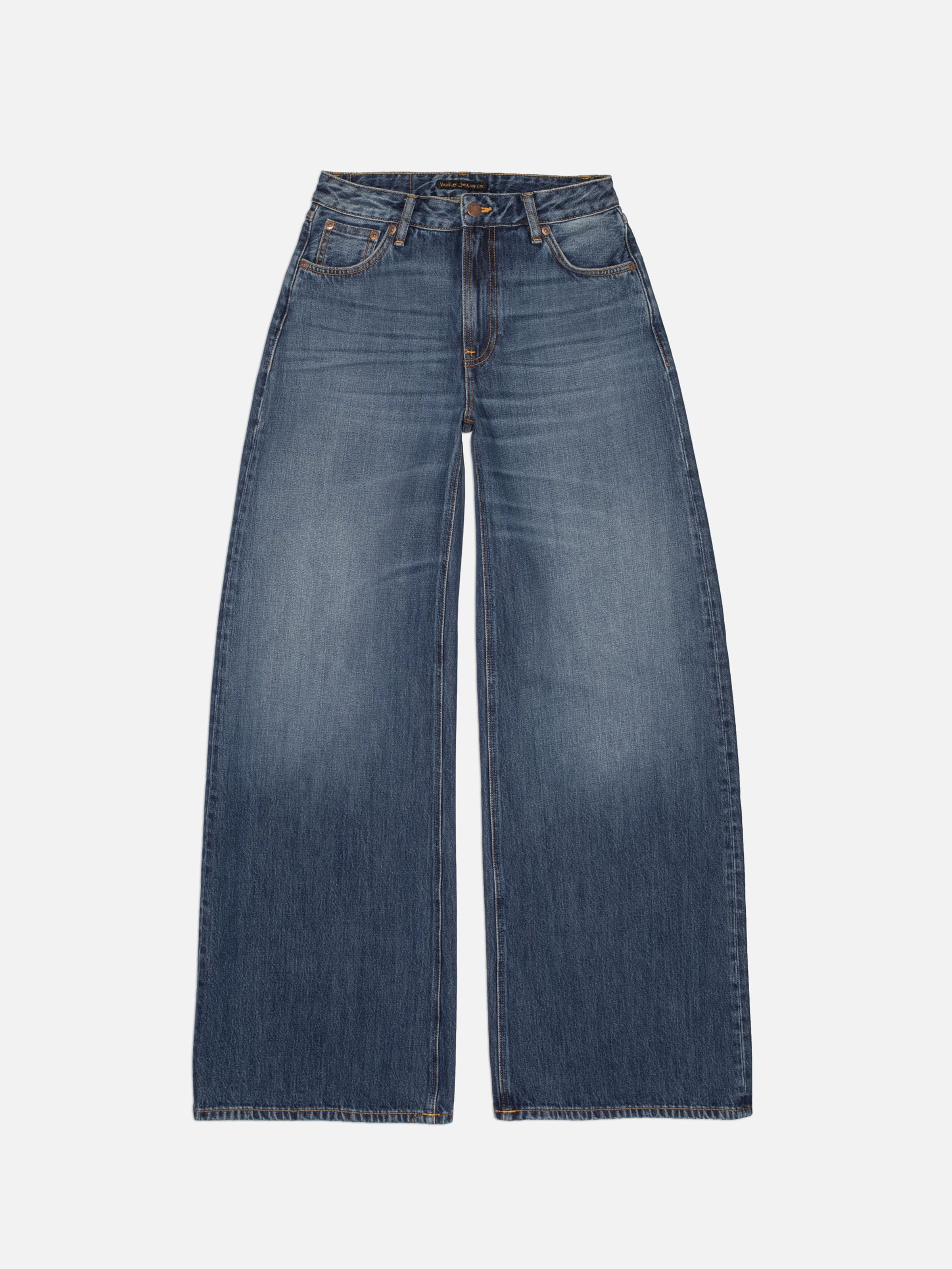 Nudie Jeans Sonic Sue Blue Poem, loose fit mid-blue jeans with a wide A-line leg in rigid denim, front view flat shot.