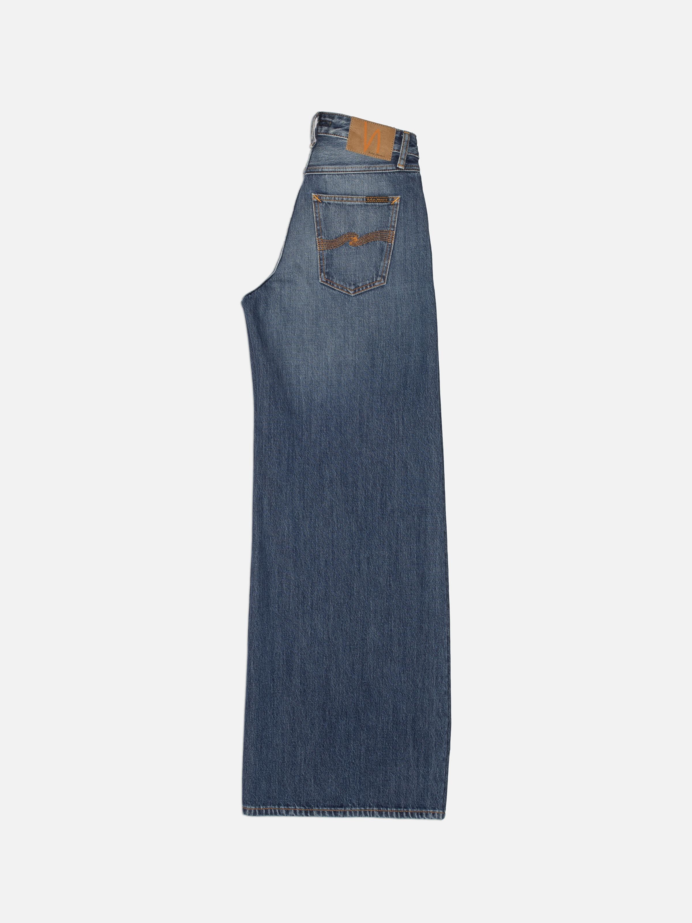 Nudie Jeans Sonic Sue Blue Poem, wide-leg loose-fit jeans in mid-blue rigid denim, back view showing the orange embroidery.