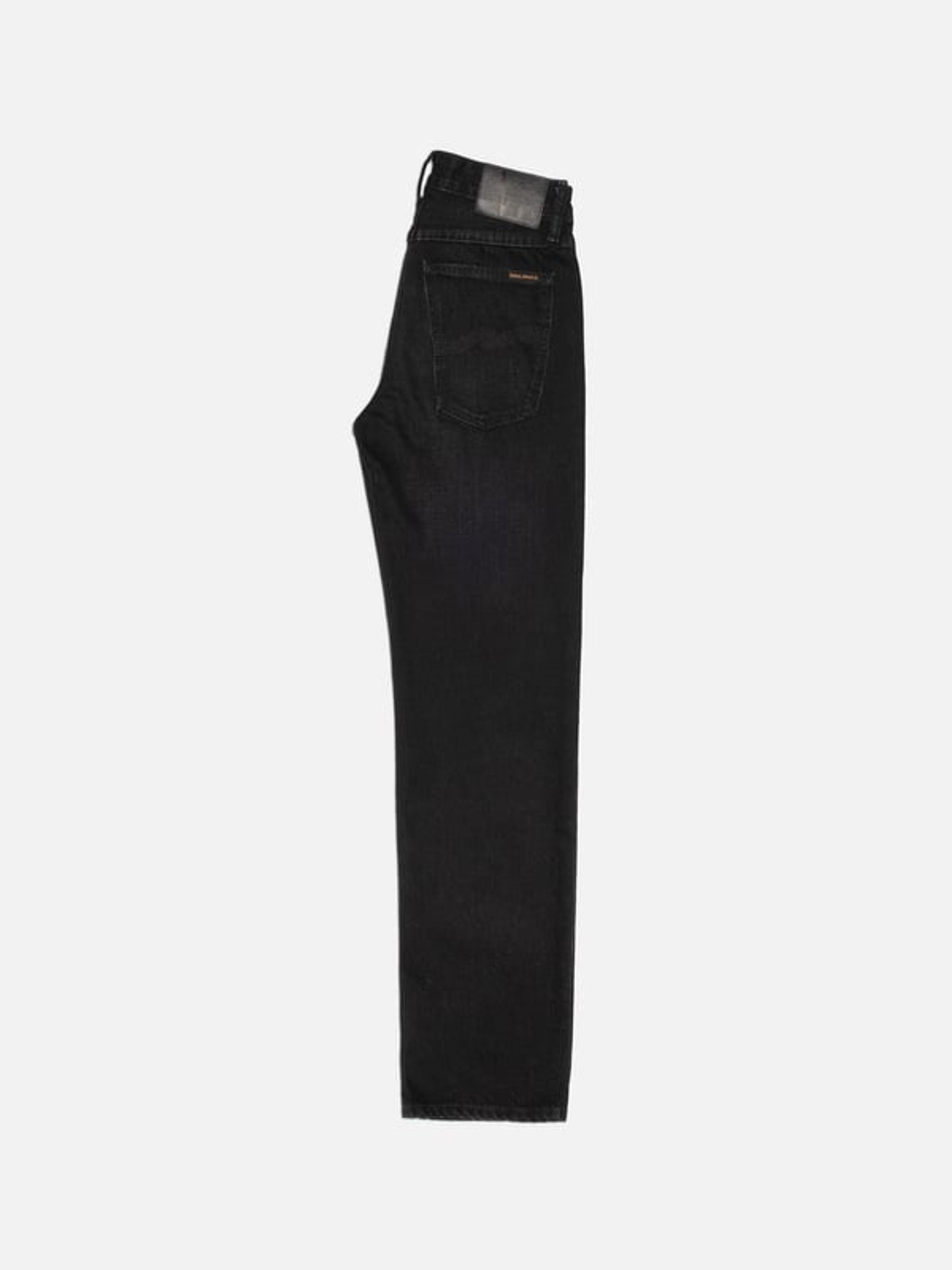 Nudie Jeans Sharp Charlie Midnight Ash, regular-fit straight leg jeans in black rigid organic denim, full back view.