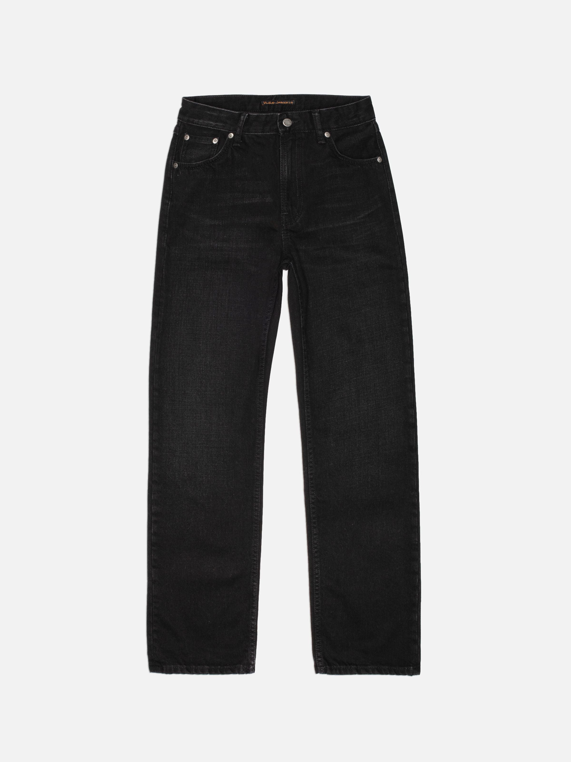 Nudie Jeans Sharp Charlie Midnight Ash, women's regular fit jeans in black organic cotton, shown in a full flatshot.