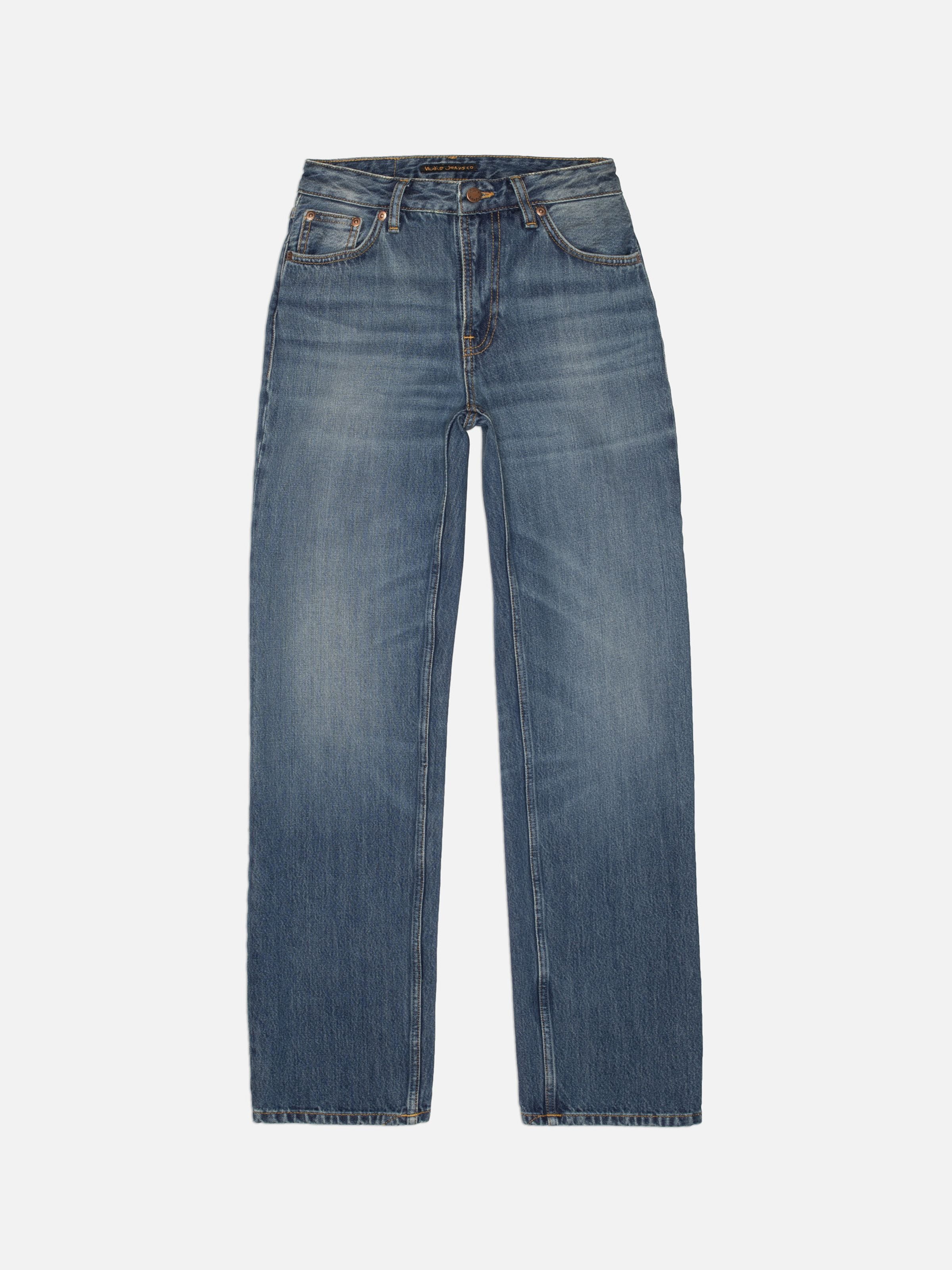 Nudie Jeans Sharp Charlie Gravel Stone, regular-fit straight-leg jeans in mid-blue rigid denim, front flatshot view.