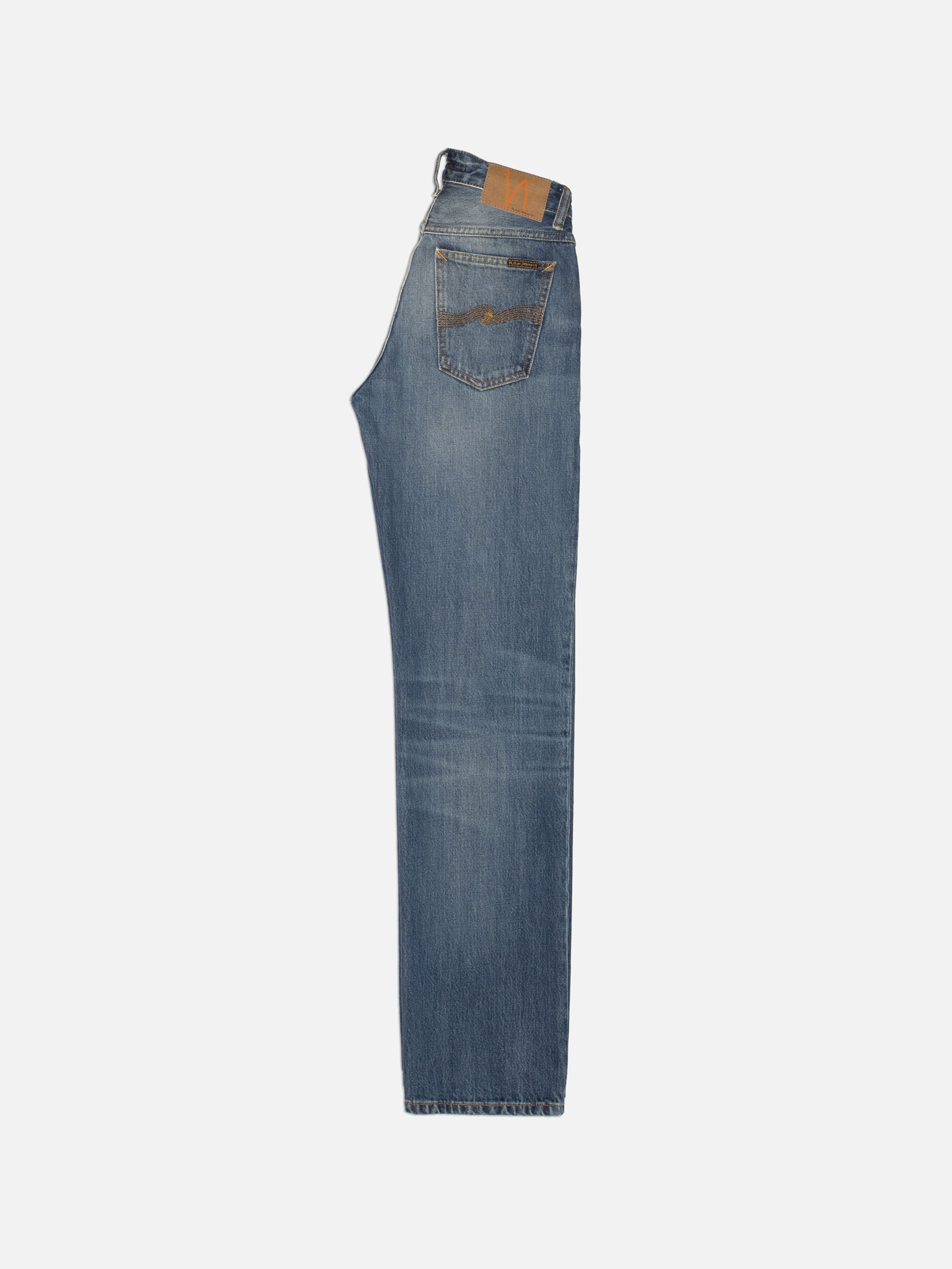 Nudie Jeans Sharp Charlie Gravel Stone, mid-blue regular-fit straight-leg jeans shown from the back.