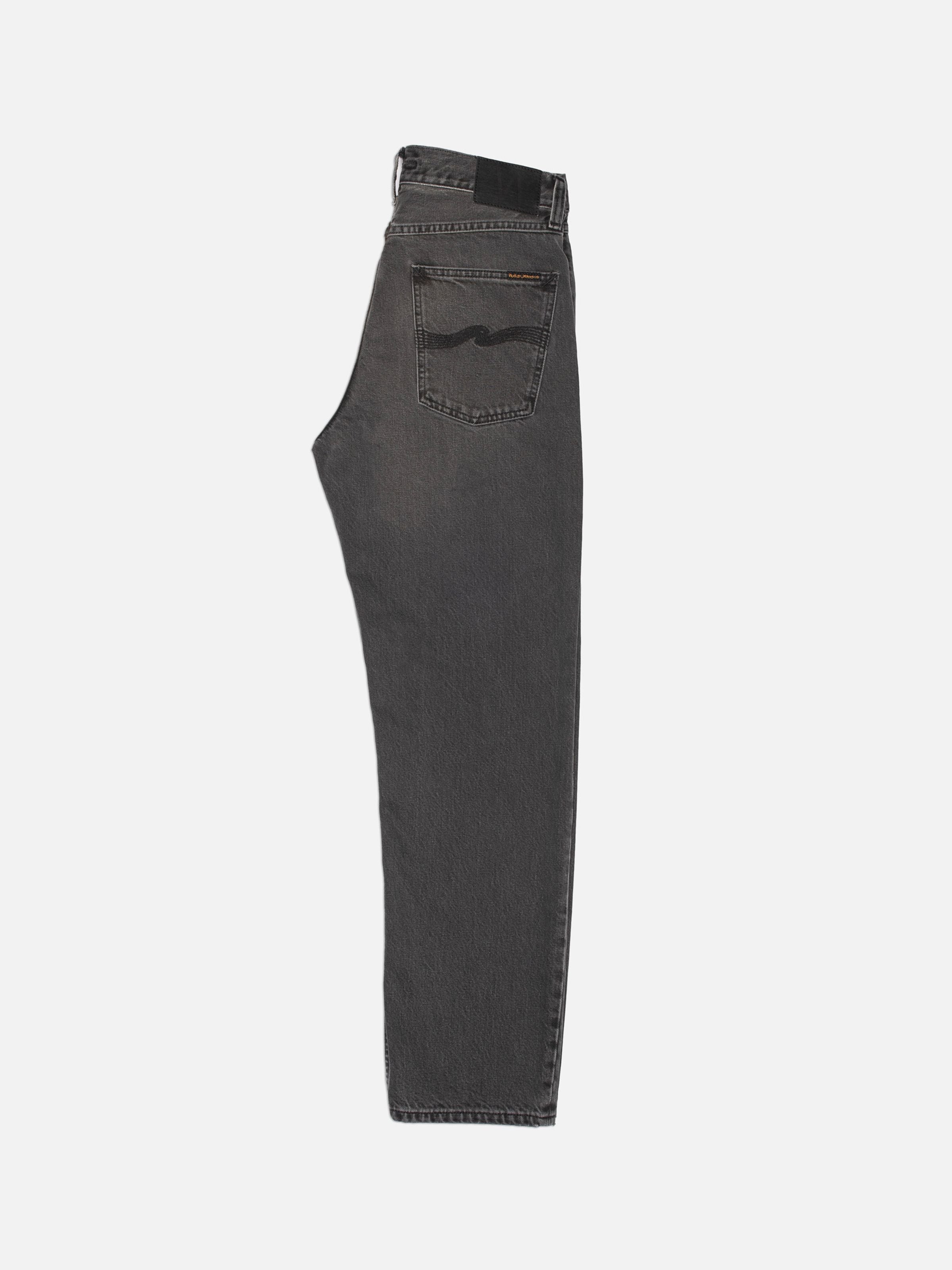 Nudie Jeans Rad Rufus Grey Lake, men's regular fit jeans in grey organic cotton denim, shown in a back view flat shot.