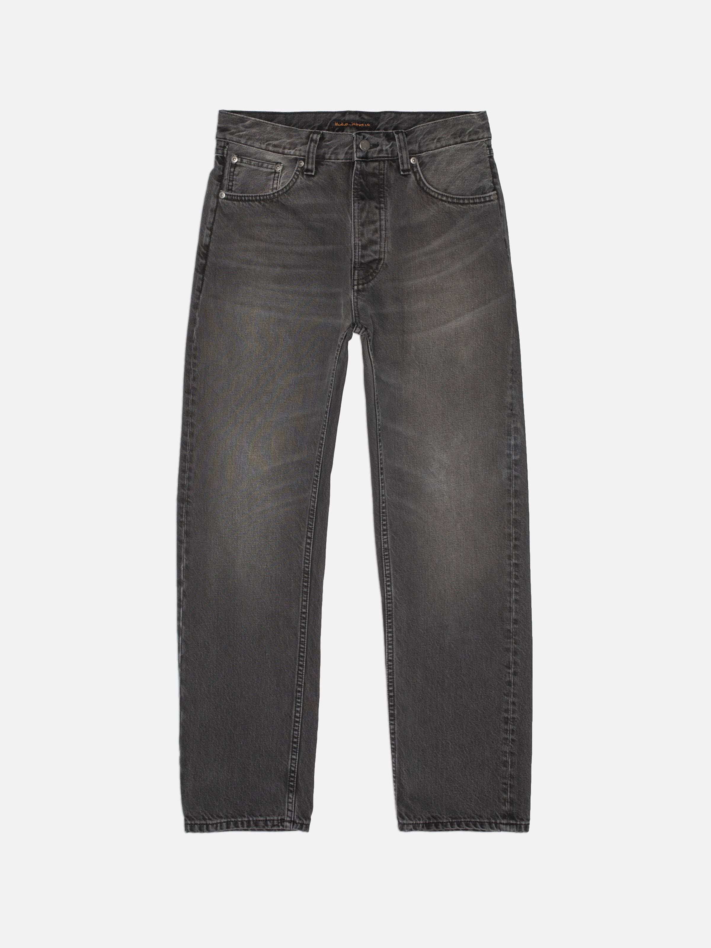 Nudie Jeans Rad Rufus Grey Lake, men's regular fit jeans in a washed grey organic cotton denim, shown in a full flat shot.