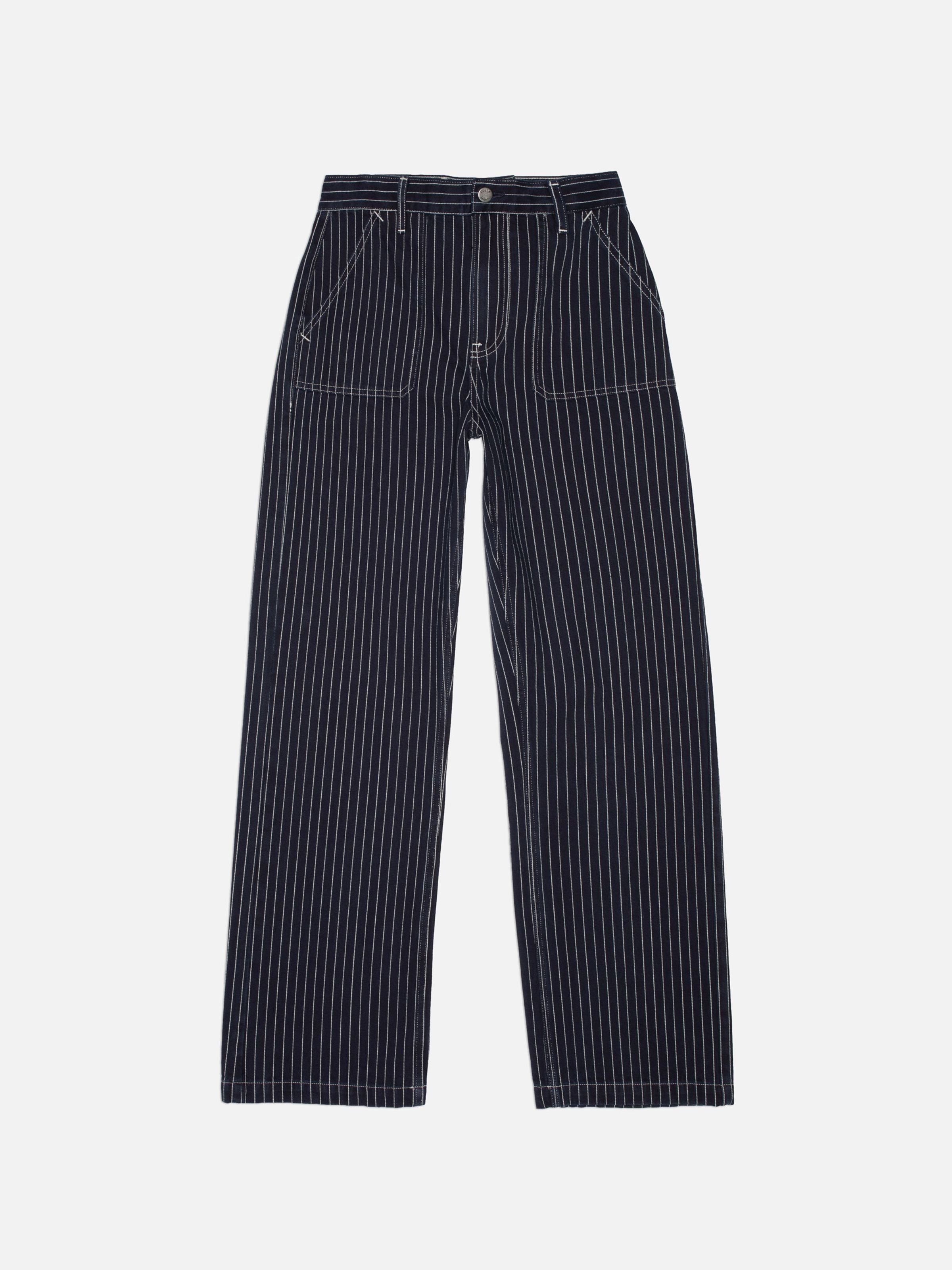 Nudie Jeans Asta Pants Pinstripe Denim, loose fit wide leg pants in blue with white pinstripes, shown in a full flat shot.