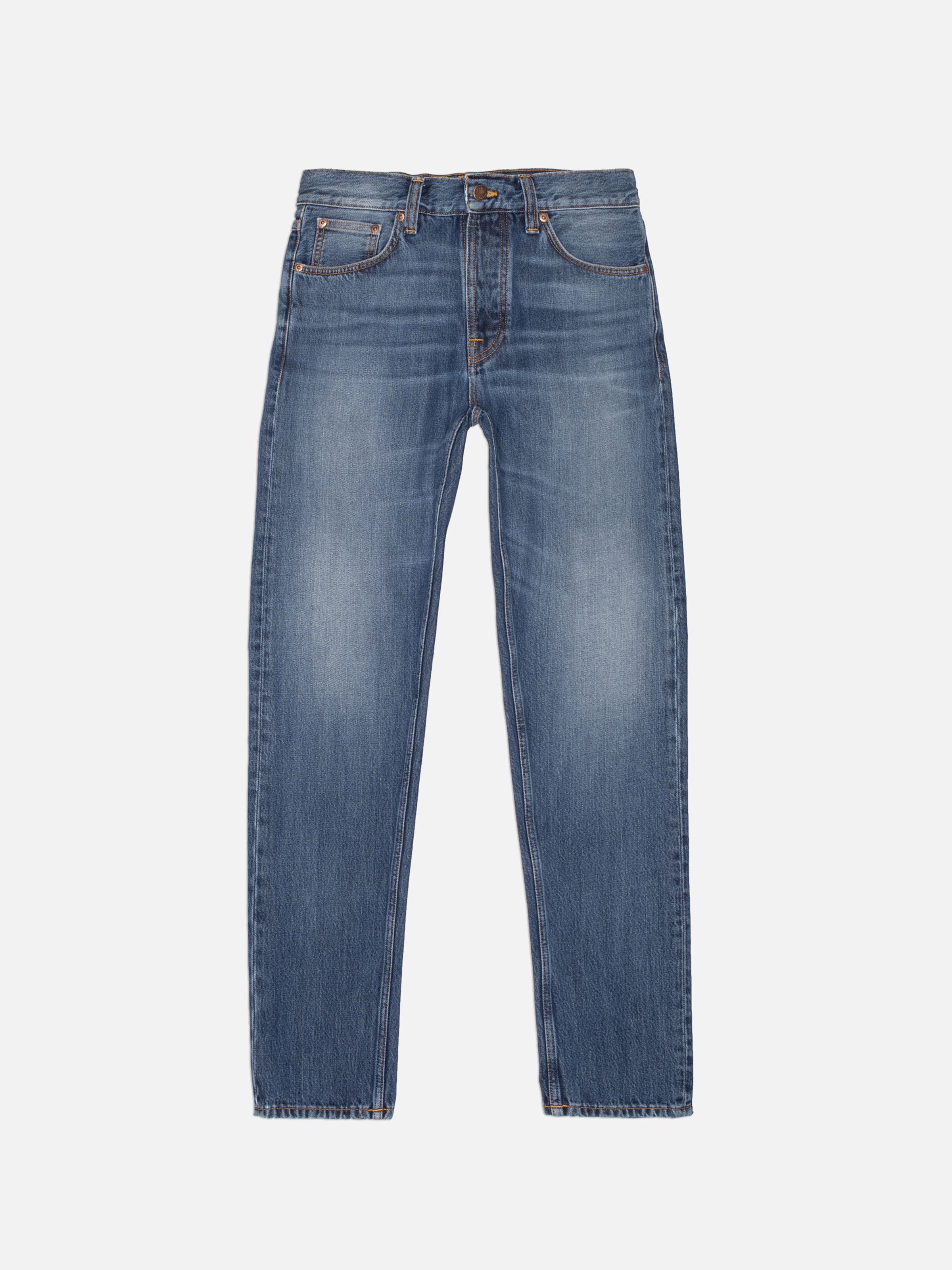 Nudie Jeans Steady Eddie II Rain River, regular fit tapered jeans in a mid-blue wash shown laid flat from the front.