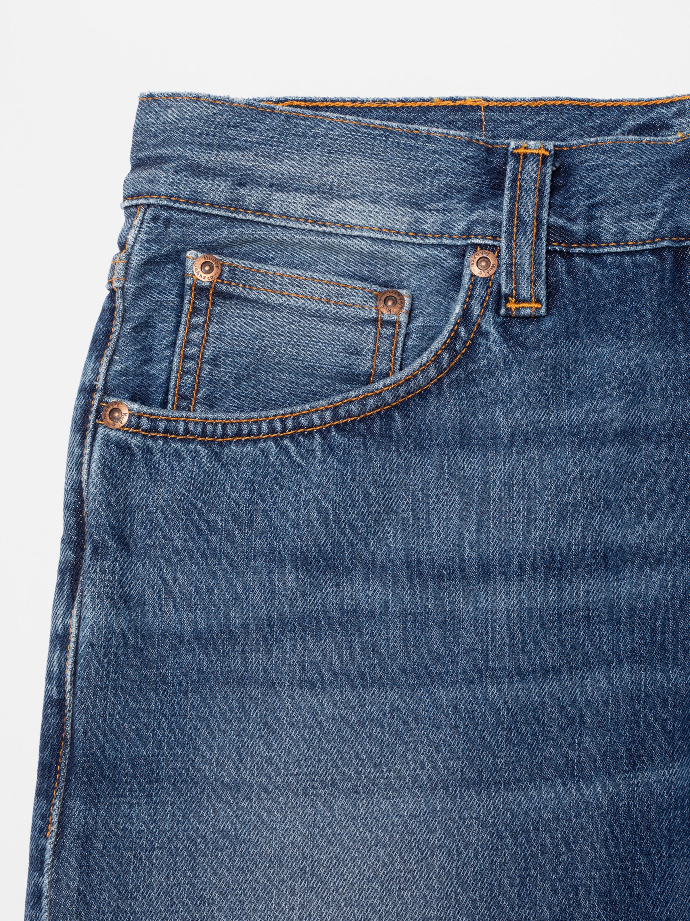 Nudie Jeans Steady Eddie II Rain River, close-up of front pocket and wash.