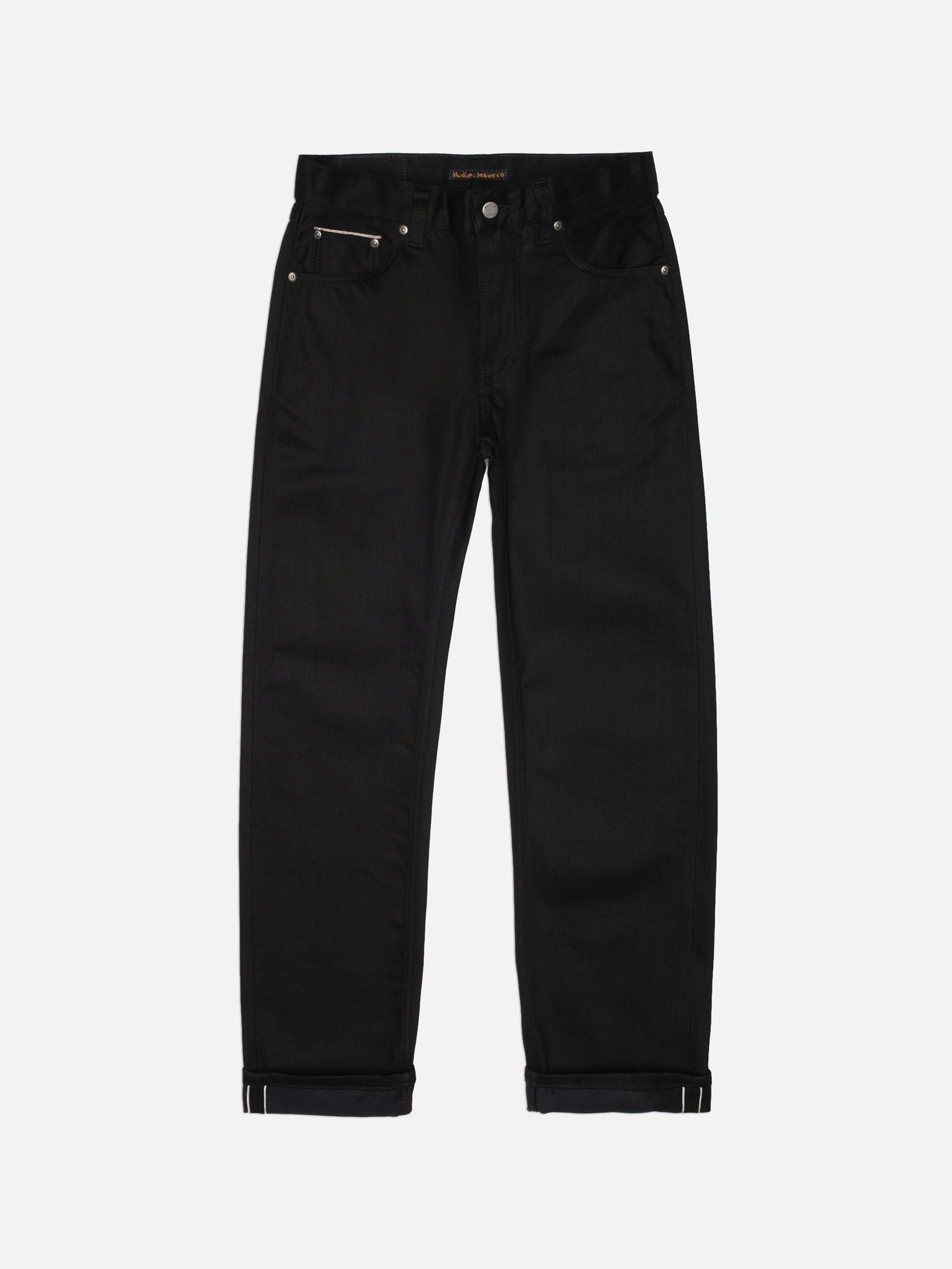 Nudie Jeans Rad Rufus Space Blk Selv, regular-fit black rigid jeans shown flat from the front with turned-up selvedge cuffs.
