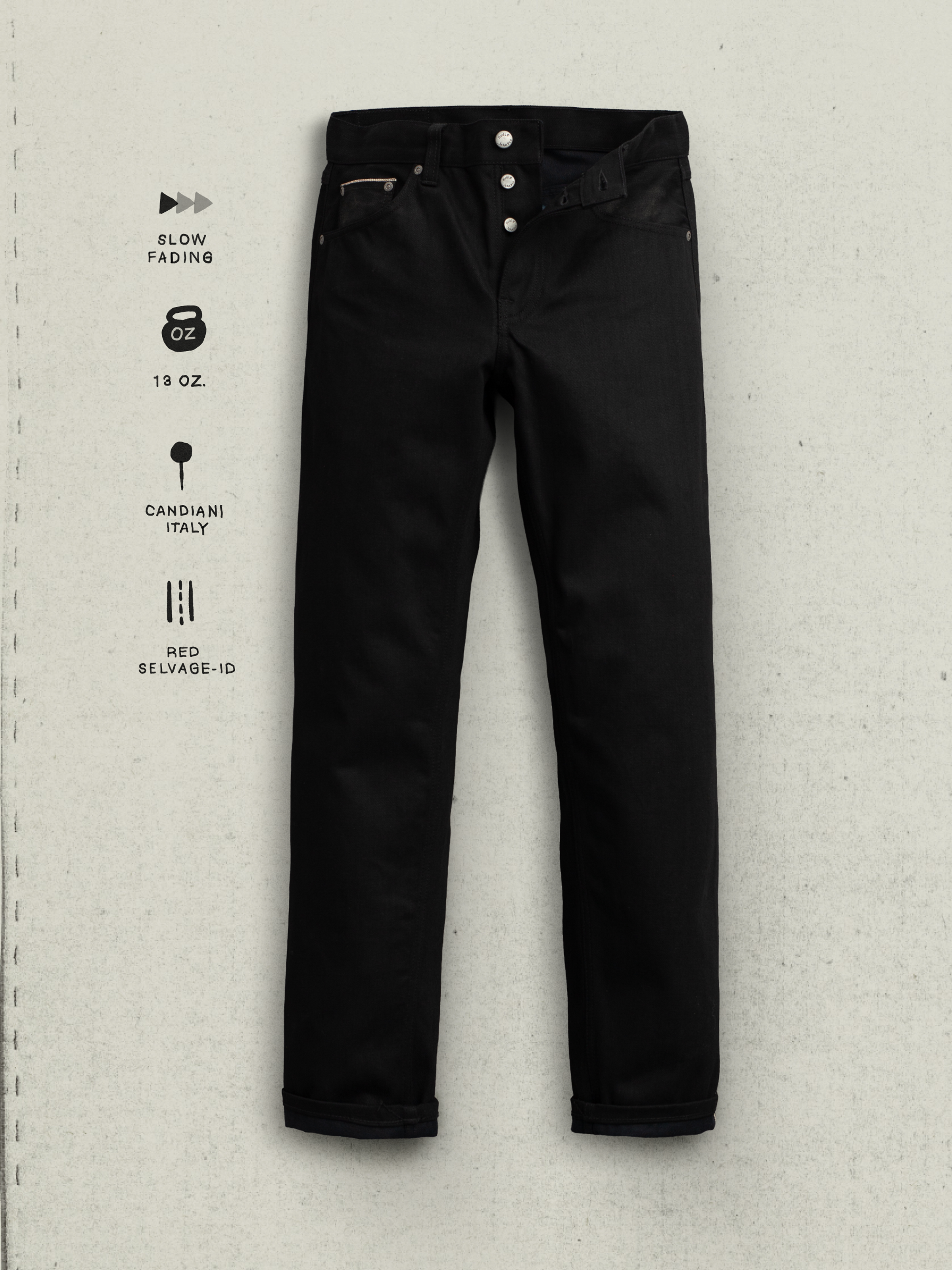 Nudie Jeans Rad Rufus Dry Space Black Selvage, flatshot showing the front view, black denim, and button fly.