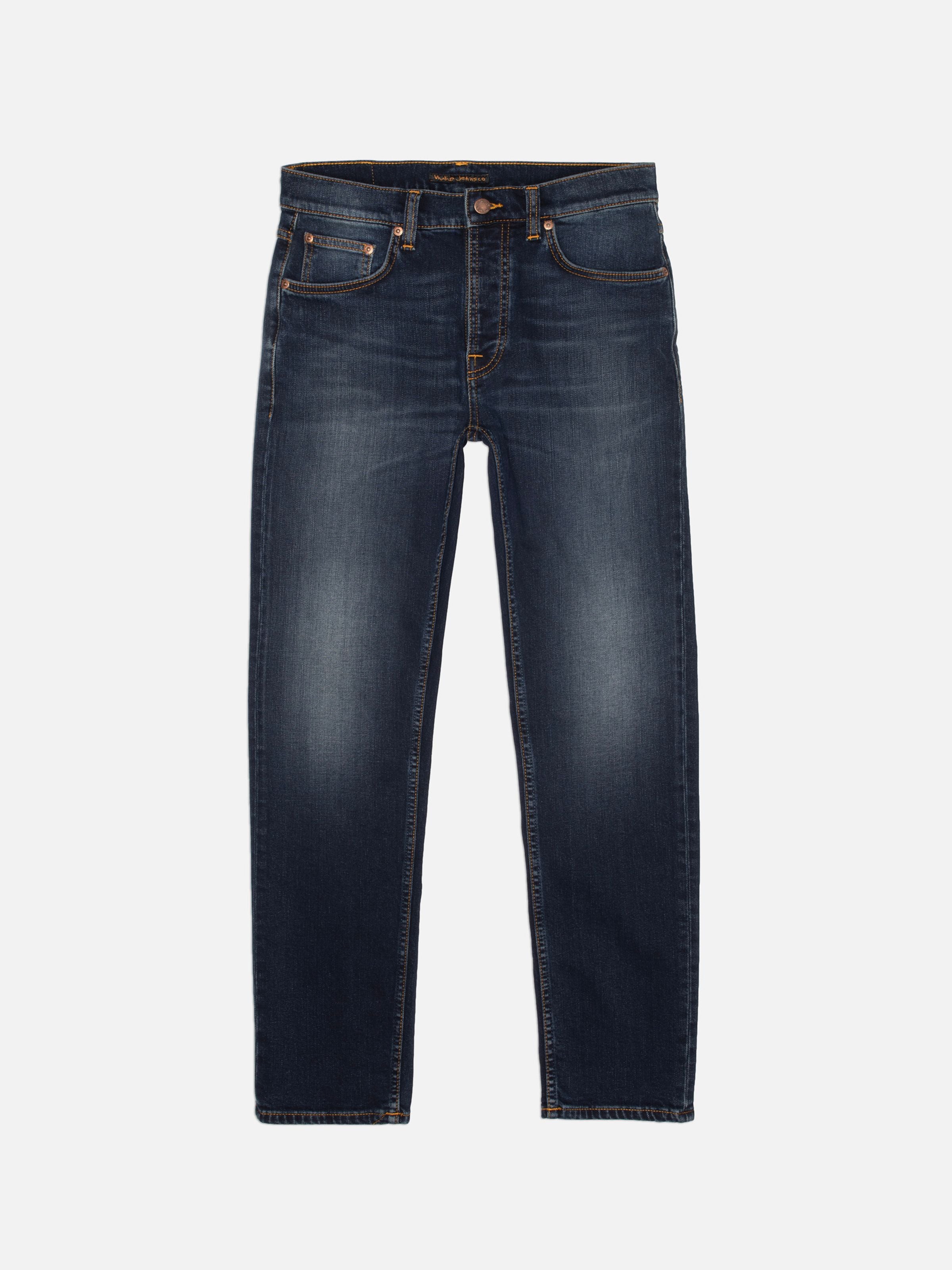 Nudie Jeans Solid Ollie Midnight Sky, Herrenjeans mit schmaler Passform in einer dunklen Waschung als ganzer Flat-Shot.