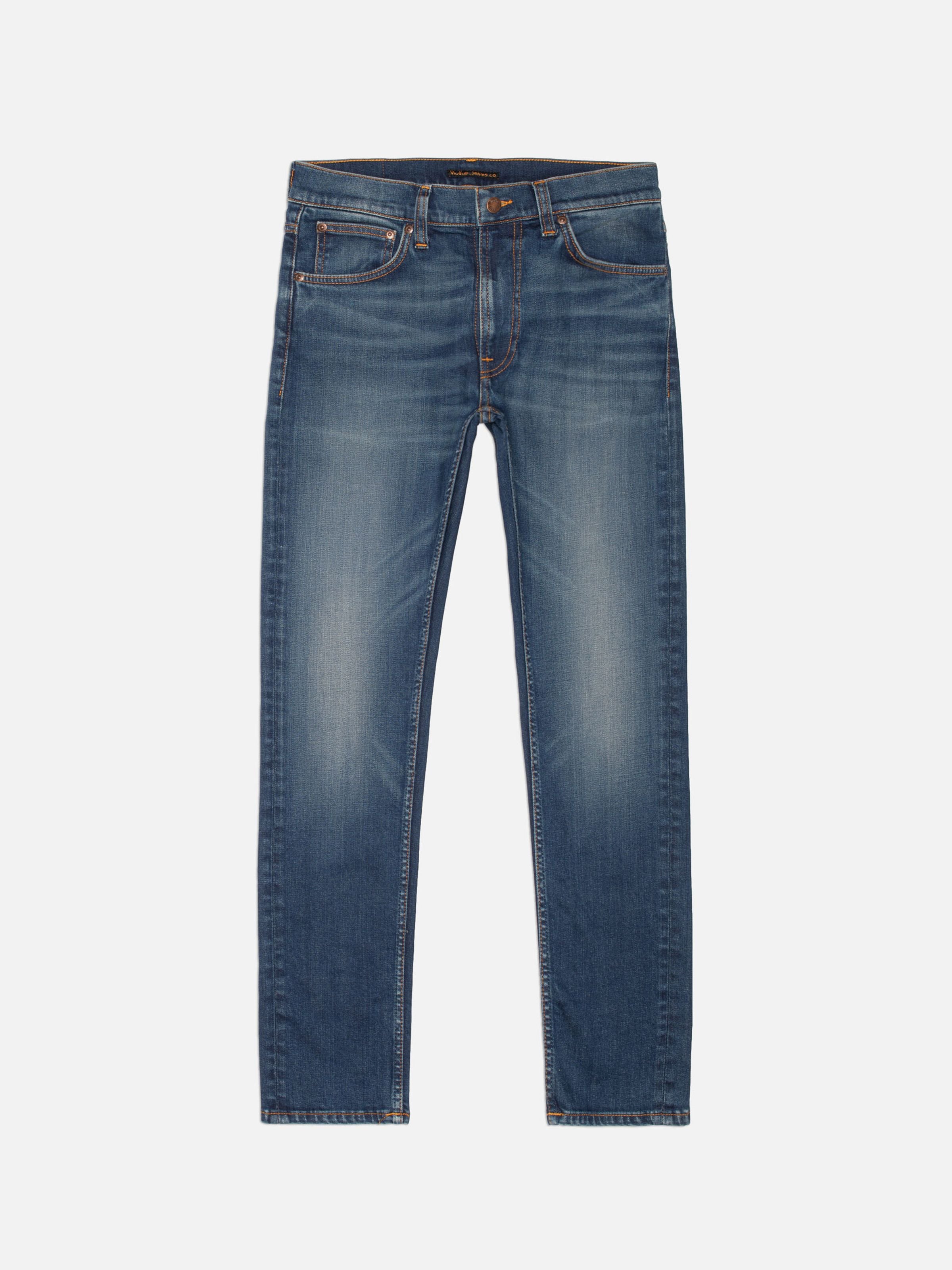 Nudie Jeans Lean Dean Blue Typhoon, Herrenjeans mit schmaler Passform aus blauem Stretchdenim, ganz abgebildet.