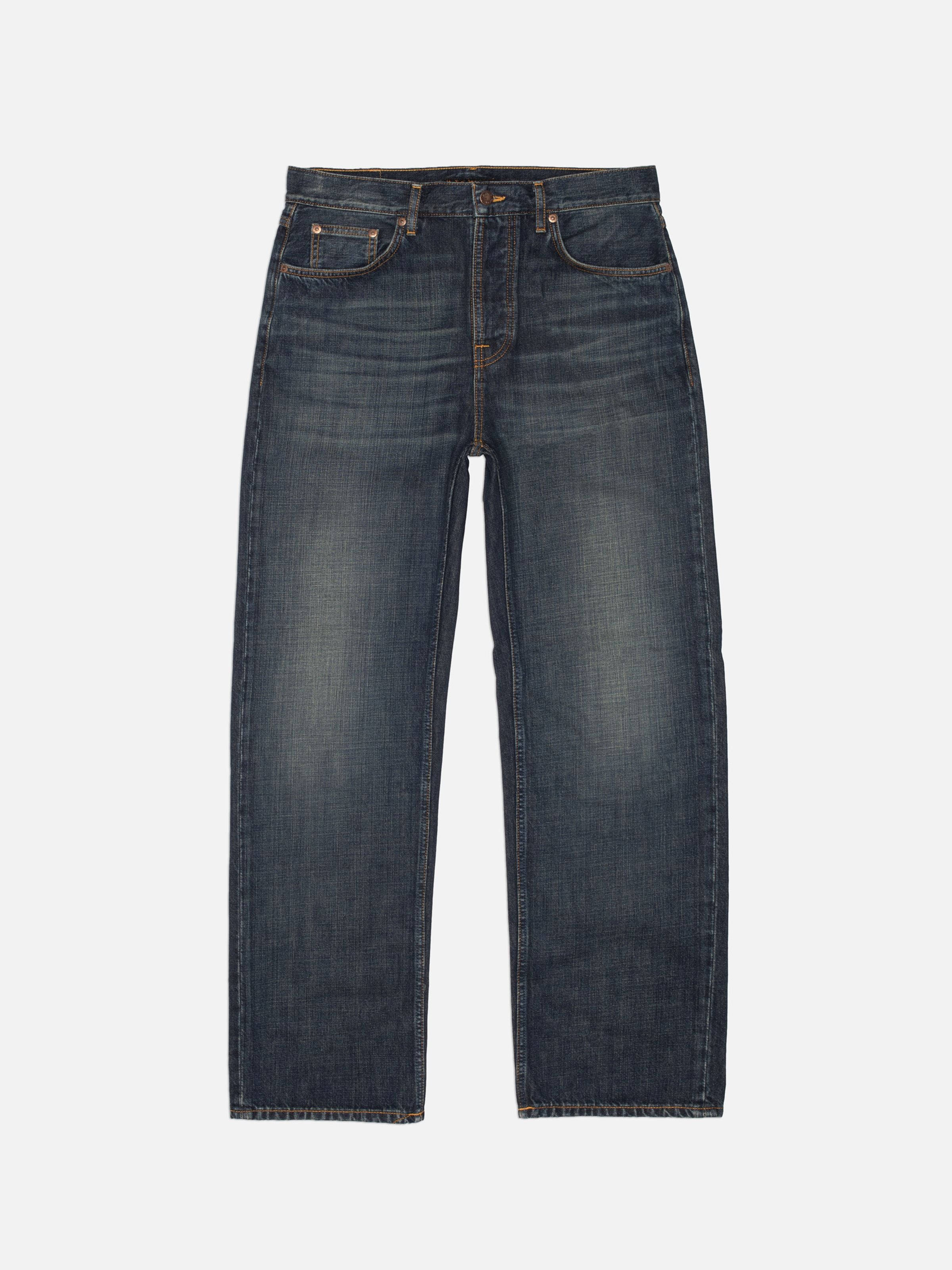 Nudie Jeans Tuff Tony Dirt Path, loose fit wide leg organic jeans in a dark blue wash, shown flat from the front.