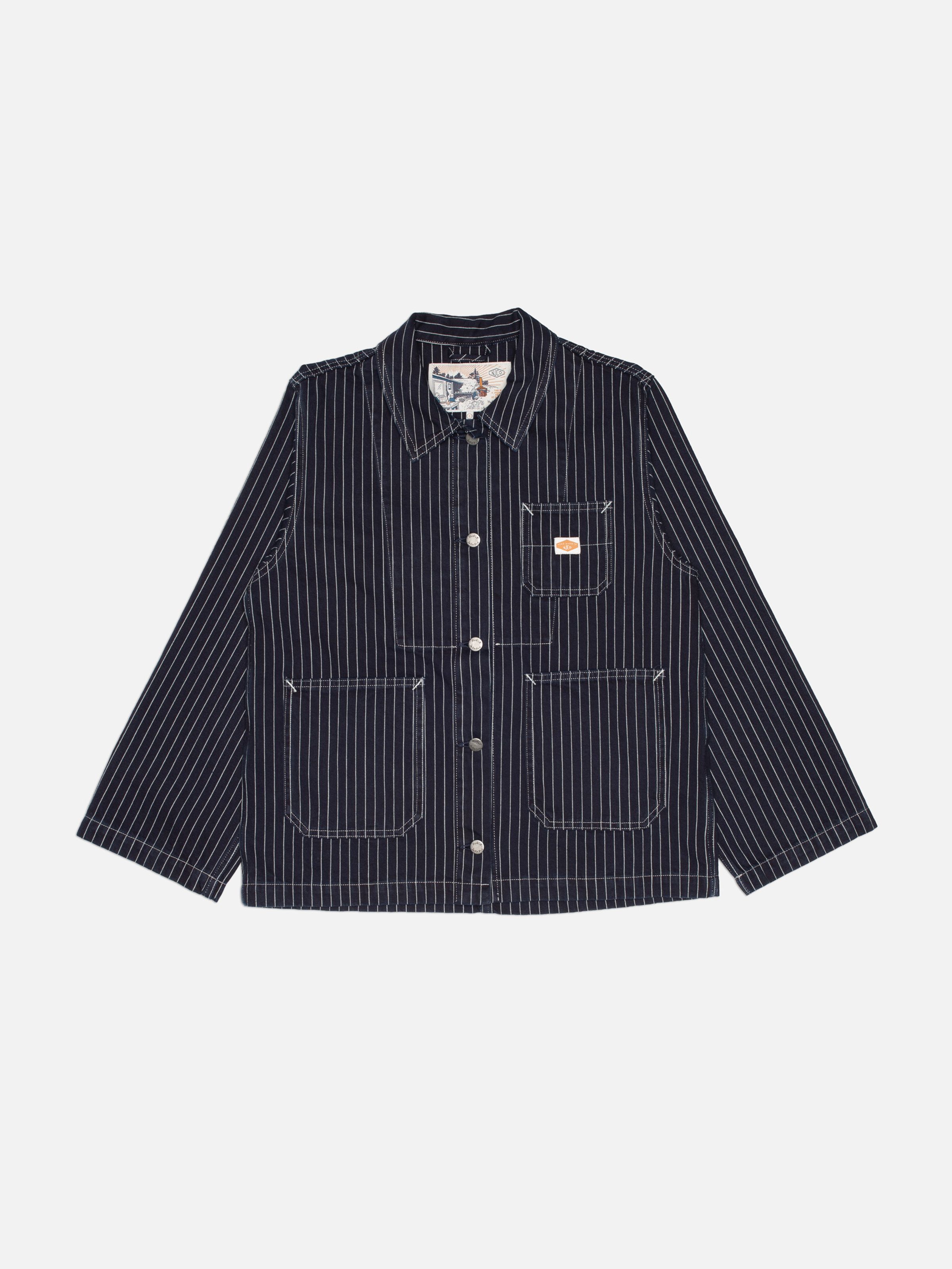 Nudie Jeans Ada Jacket Pinstripe Denim, regular-fit workwear denim jacket in blue and off-white shown in a full flat shot.