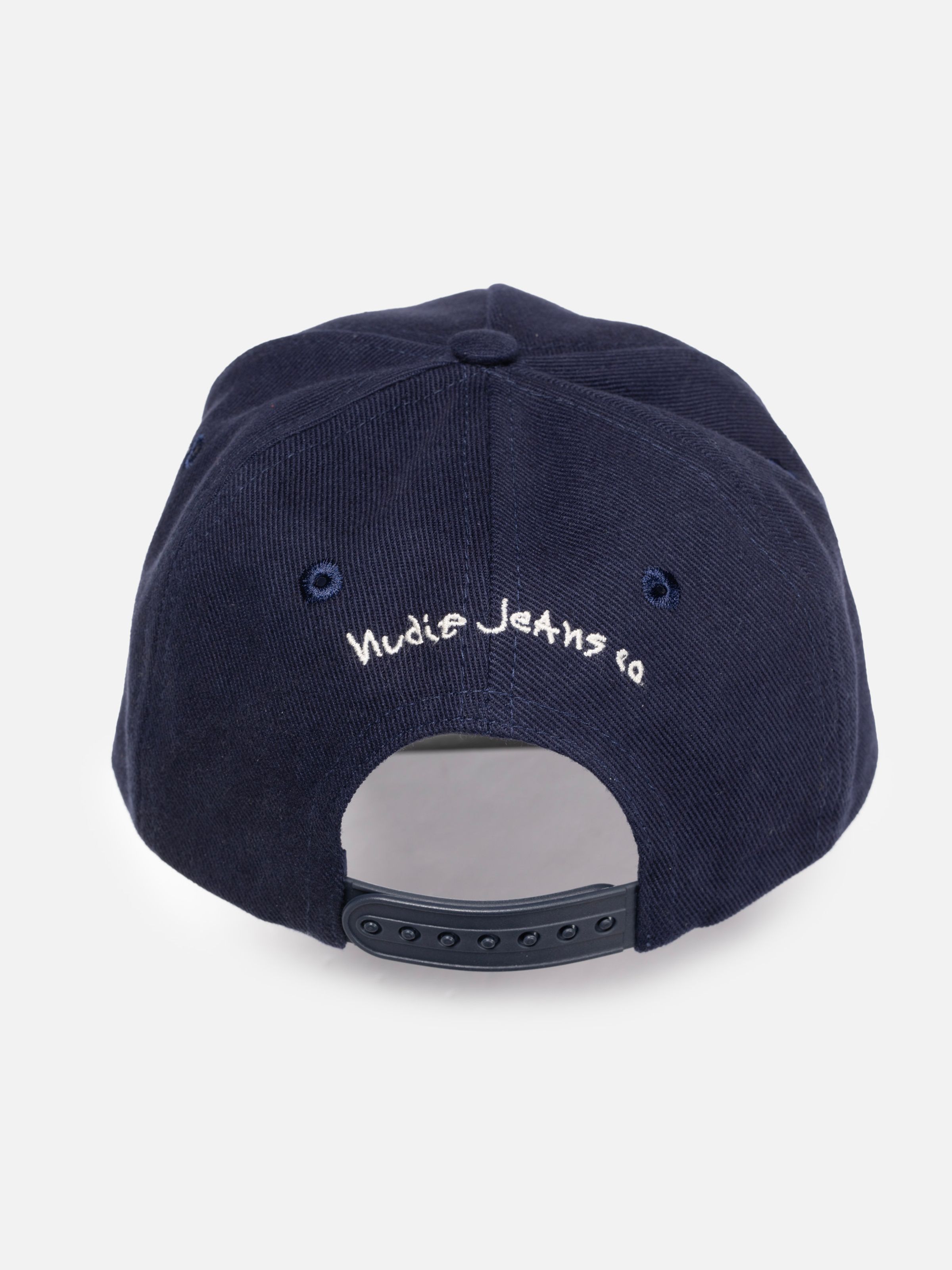 Nudie Cap Bad At Sports in navy blue, back view featuring white embroidery and an adjustable snapback closure.
