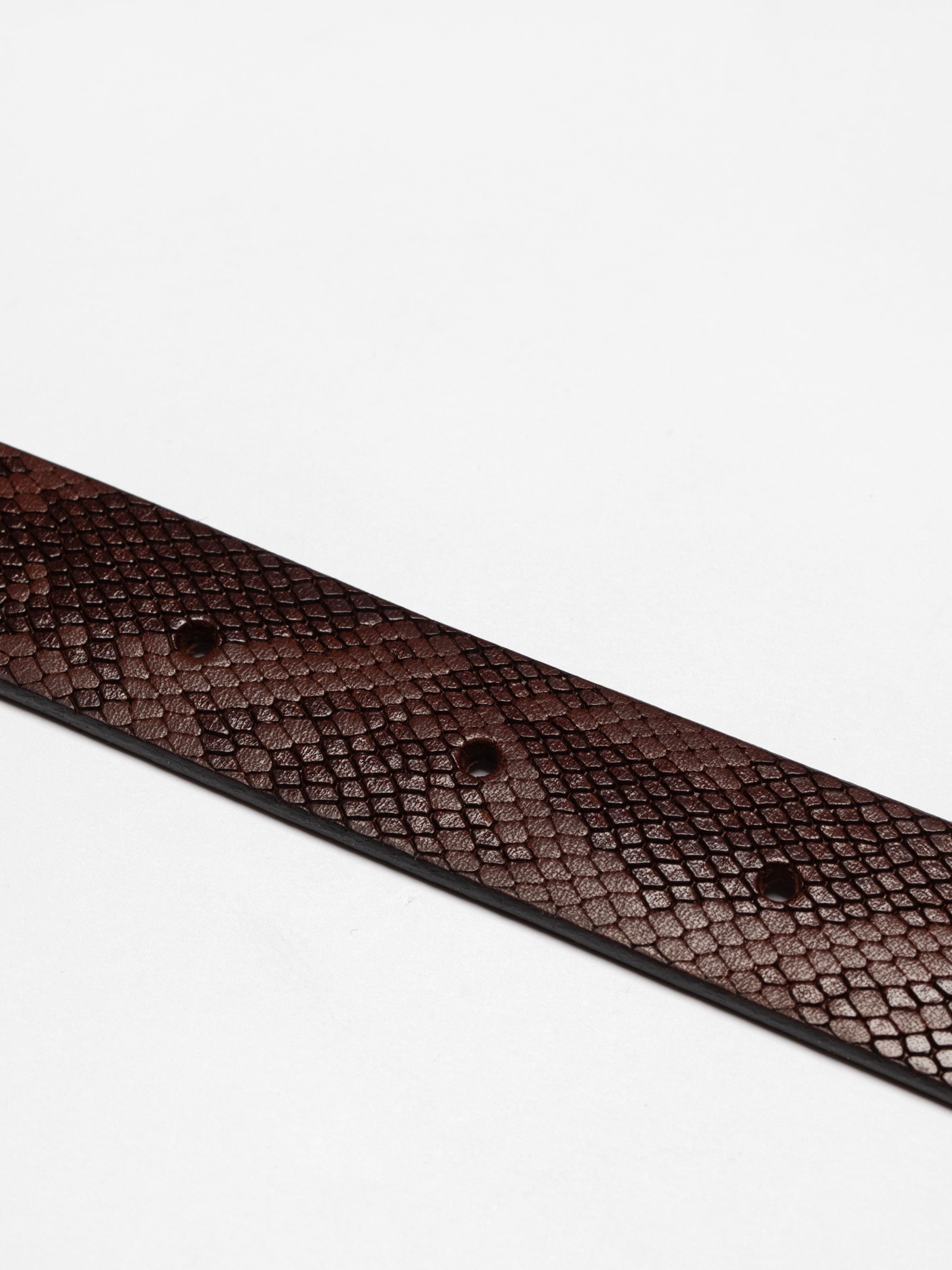 Nudie Jeans Western Faux Snake Silver Belt in Dark Brown, showing a close-up of the reptile embossed leather texture.