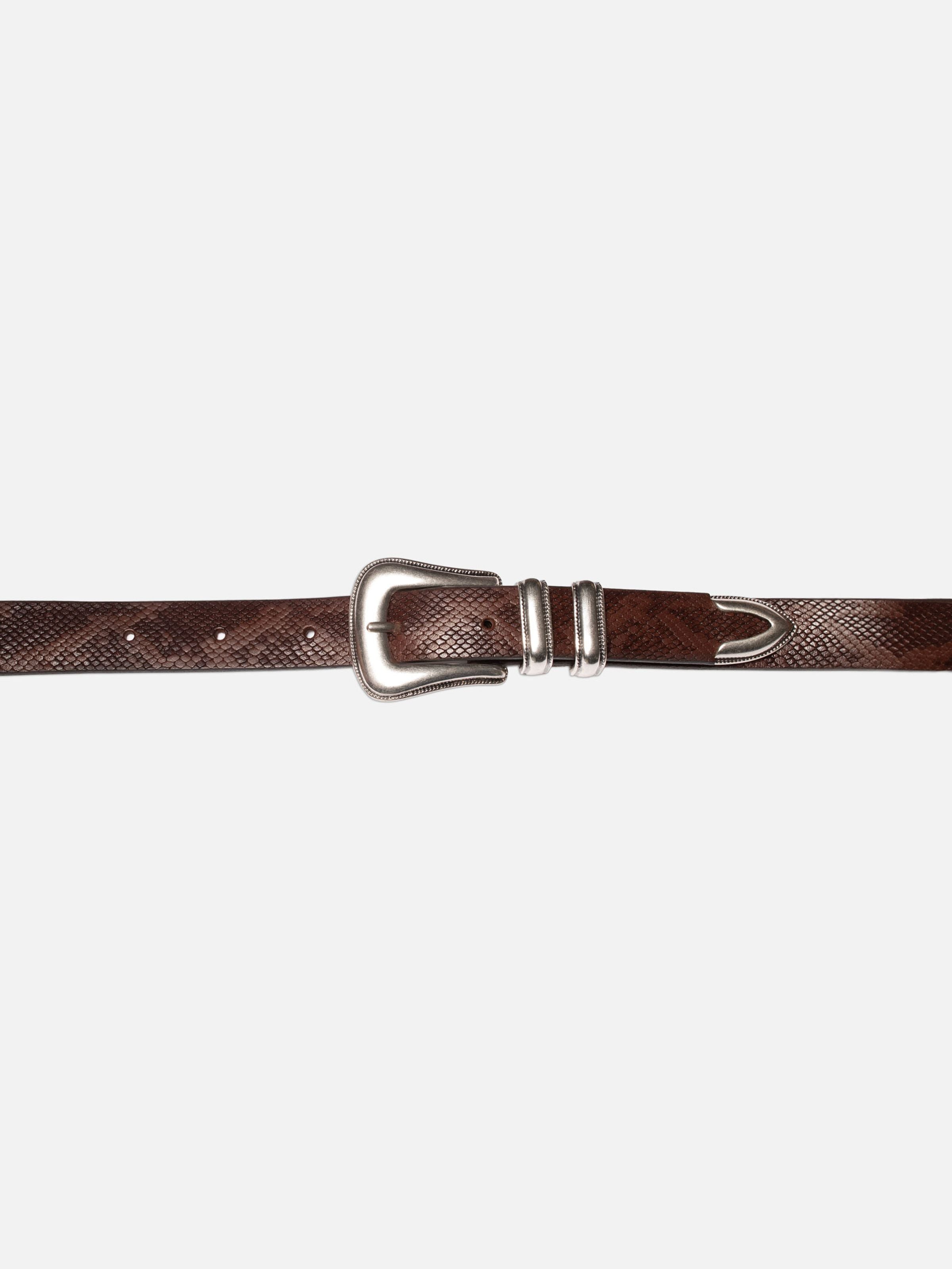 Nudie Jeans Western Faux Snake Silver Belt in Dark Brown, showing the silver buckle.