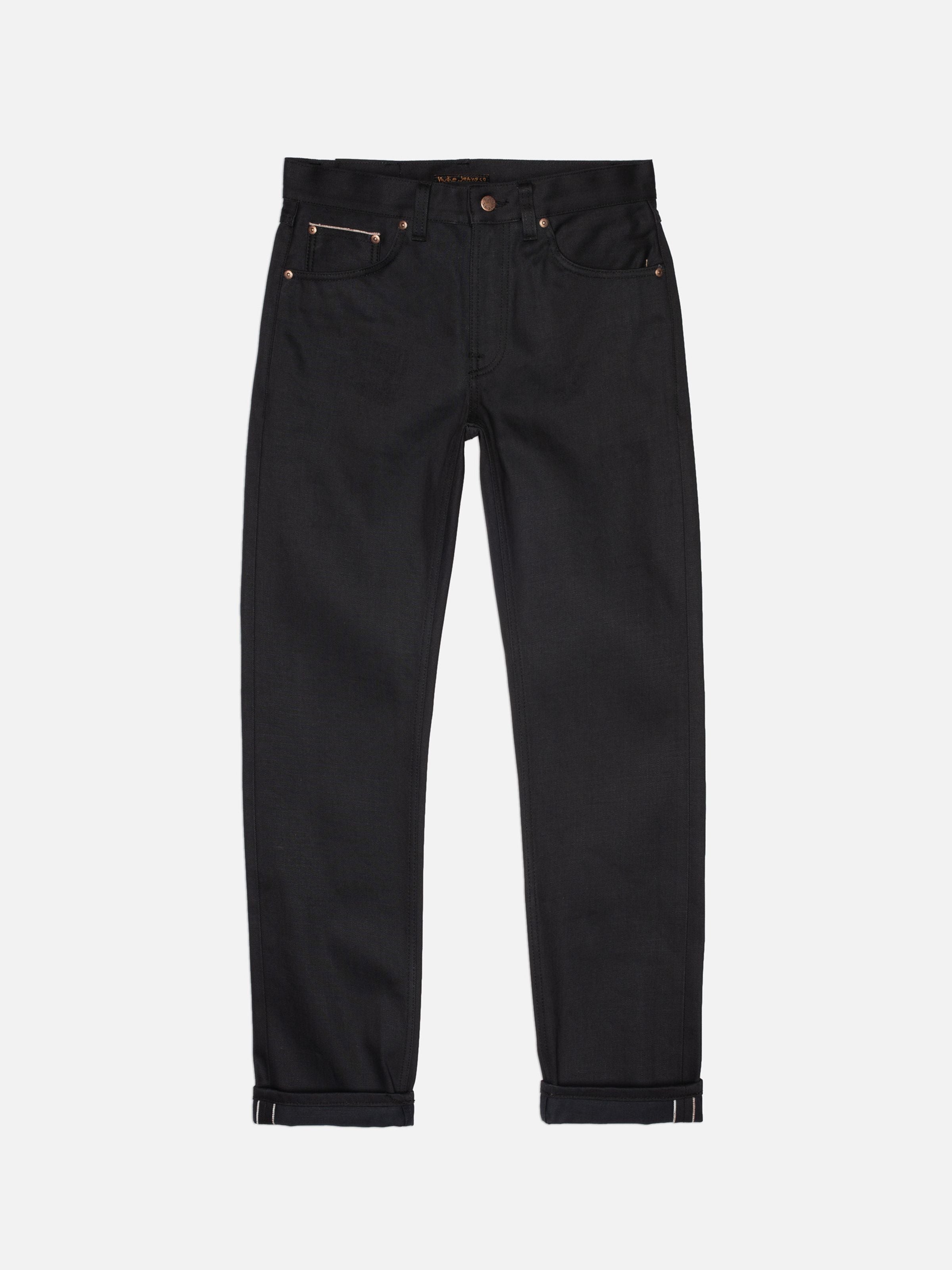 Nudie Jeans Gritty Jackson Dry Onyx Selvage, black straight-leg jeans in a full-length flat shot with cuffed selvedge hems.