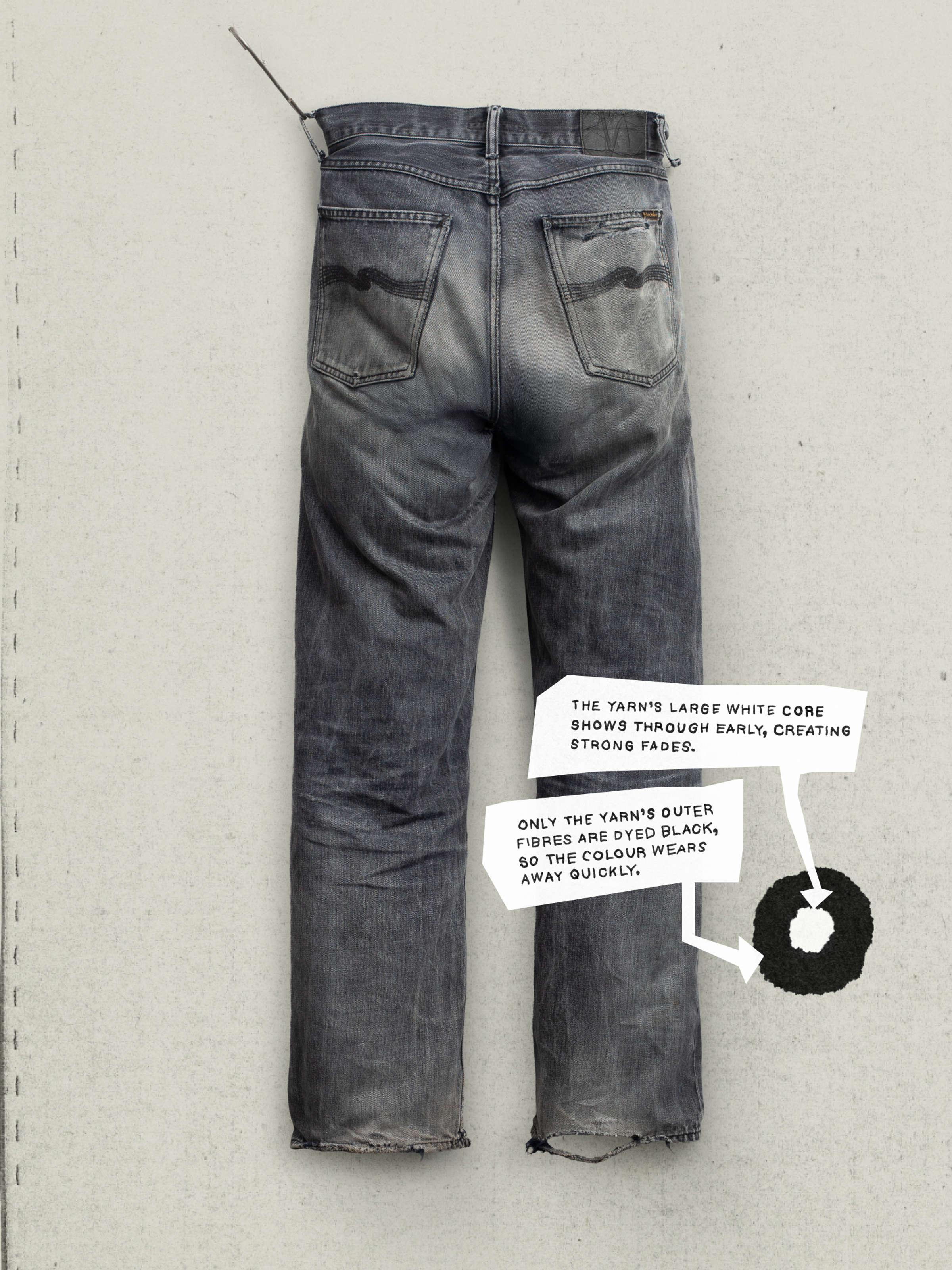 Nudie Jeans Gritty Jackson Dry Onyx Selvage, back view showing the black wash, back pockets, and educational graphics.