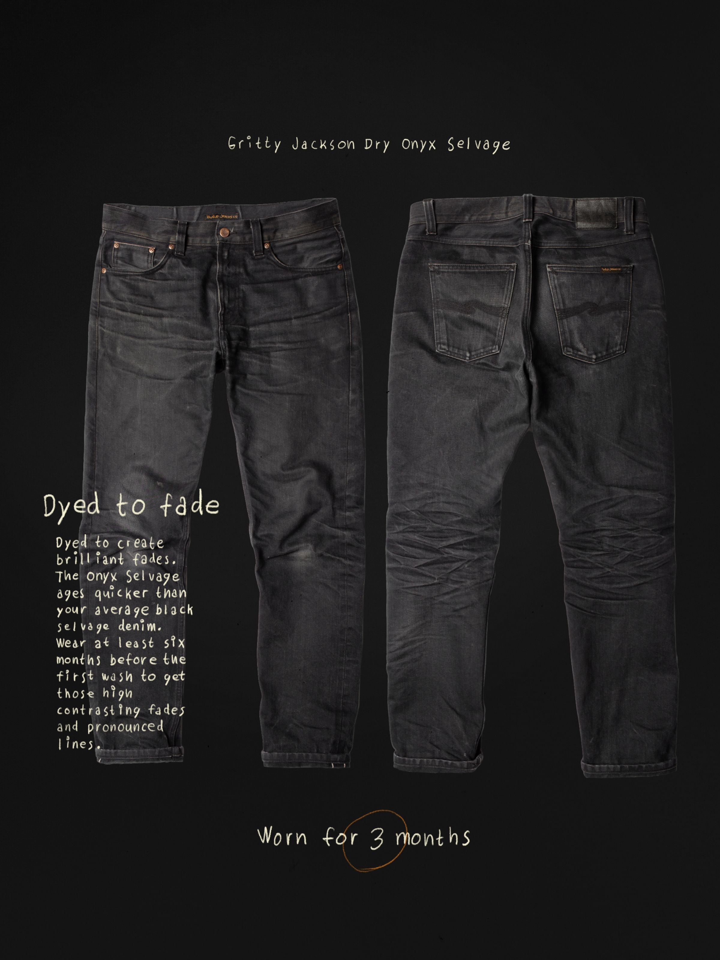 Nudie Jeans Gritty Jackson Dry Onyx Selvag, regular fit selvedge jeans in black shown worn for three months.