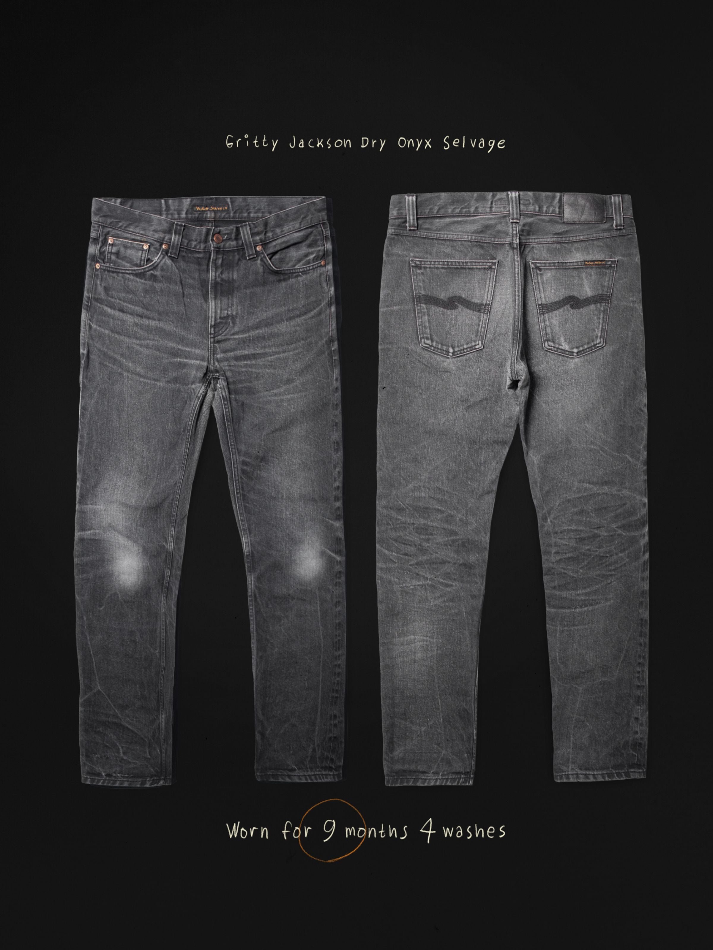Nudie Jeans Gritty Jackson Dry Onyx Selvage, regular fit straight leg jeans shown worn for 9 months with high-contrast fades.