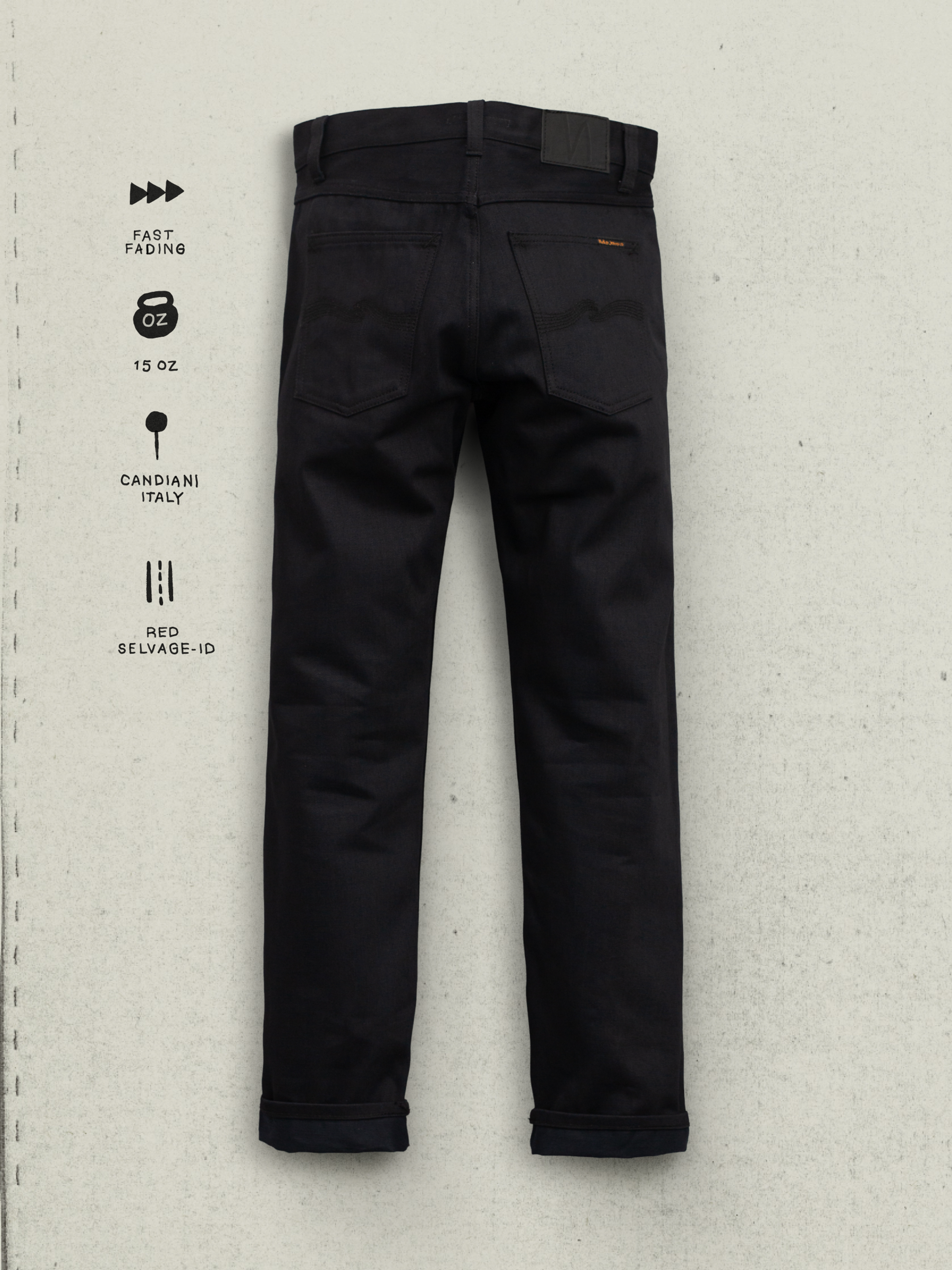 Nudie Jeans Gritty Jackson Dry Onyx Selvage, back view showing the black wash and back pockets.