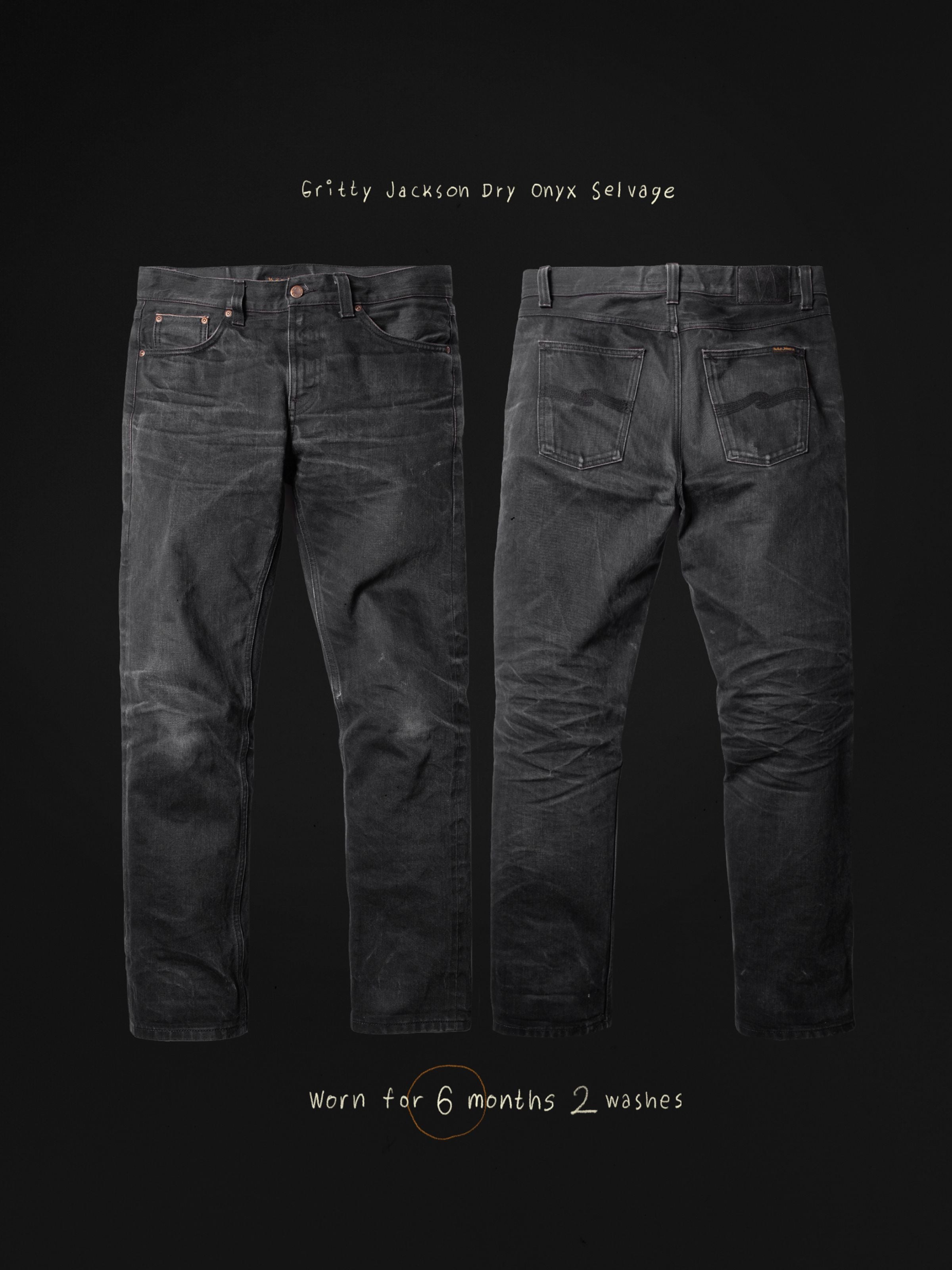 Gritty Jackson Dry Onyx Selvag jeans after 6 months of wear, showing front and back views of the black selvedge denim.