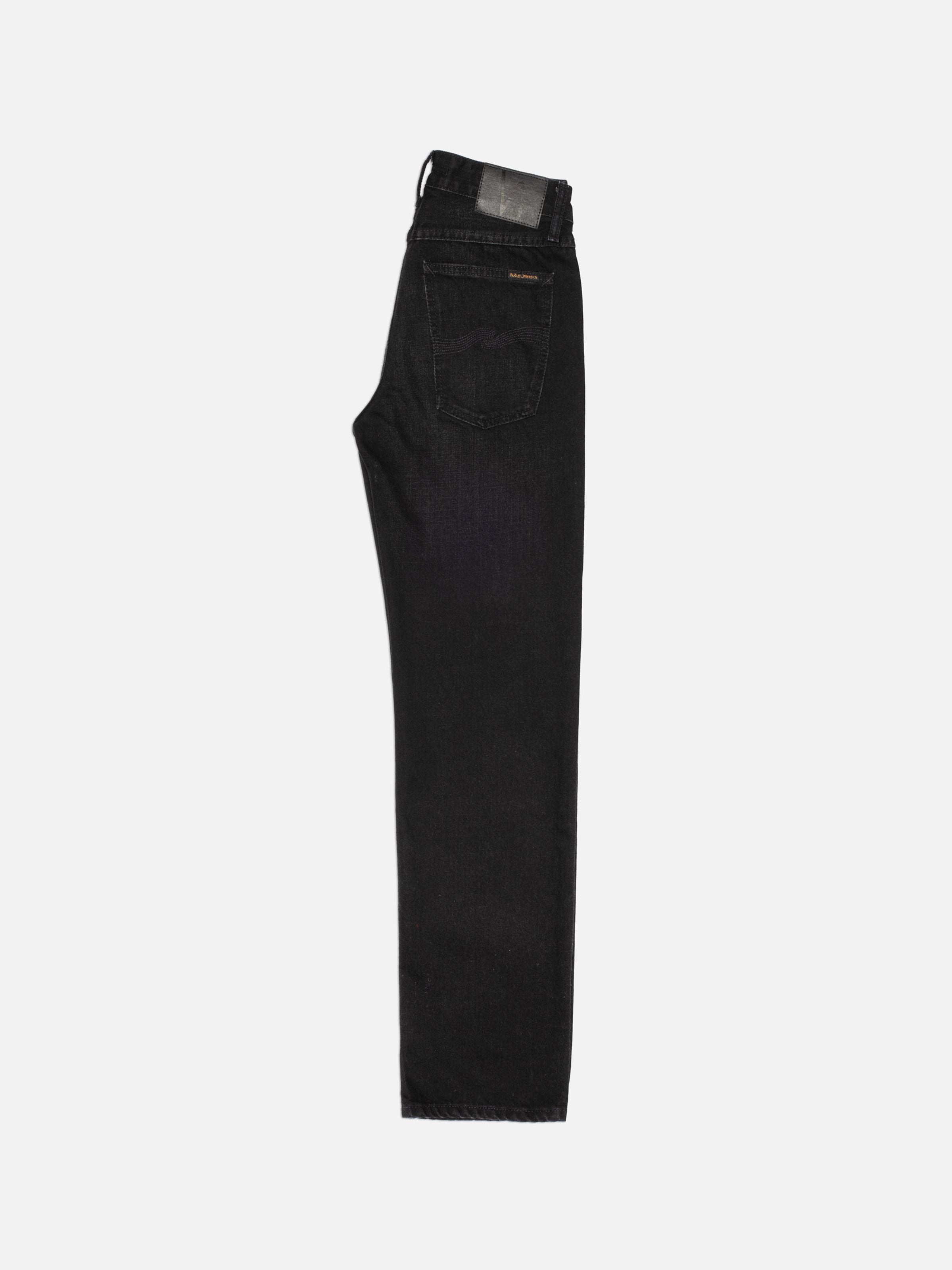 Nudie Jeans Sharp Charlie Space Blk Selv, black straight-leg selvedge jeans shown from the back on a white background.