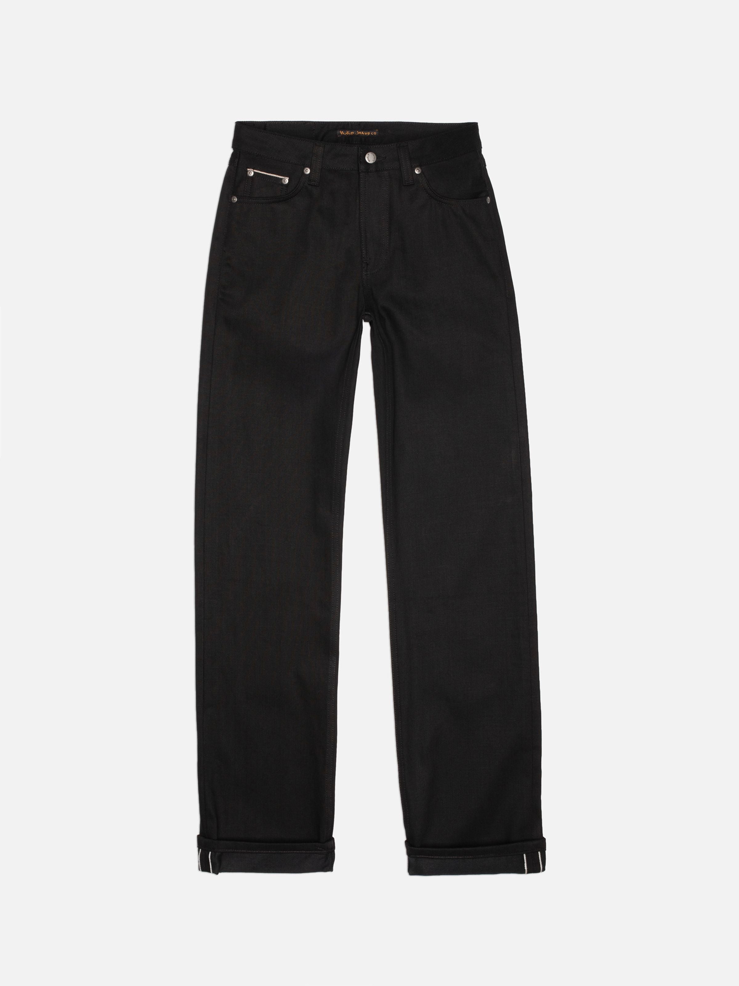 Nudie Jeans Sharp Charlie Space Black Selvedge, women's straight fit jeans in black, shown in a full flat shot.
