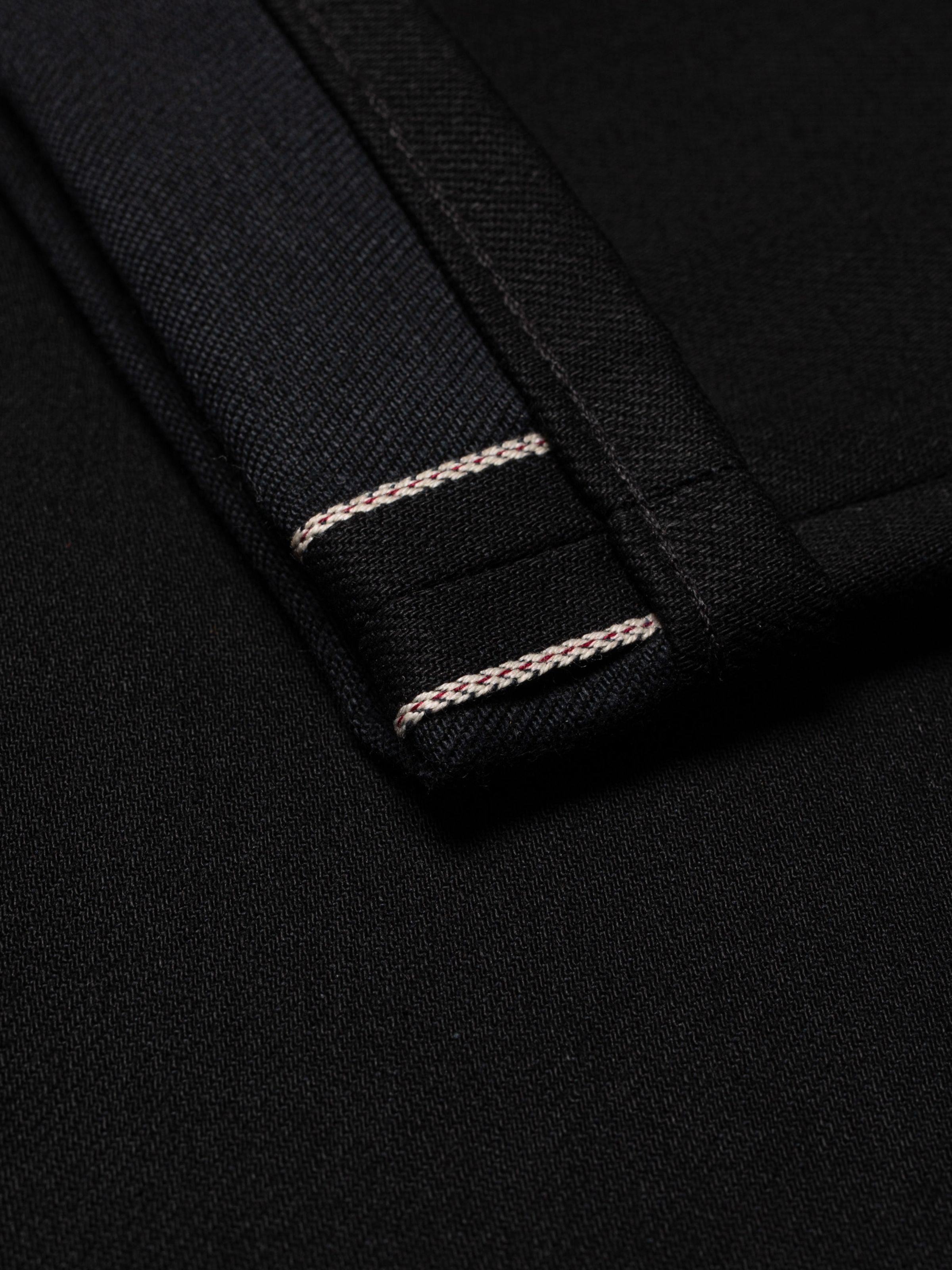 Nudie Jeans Sharp Charlie Space Black Selvage, close-up of the selvedge ID and black denim texture.