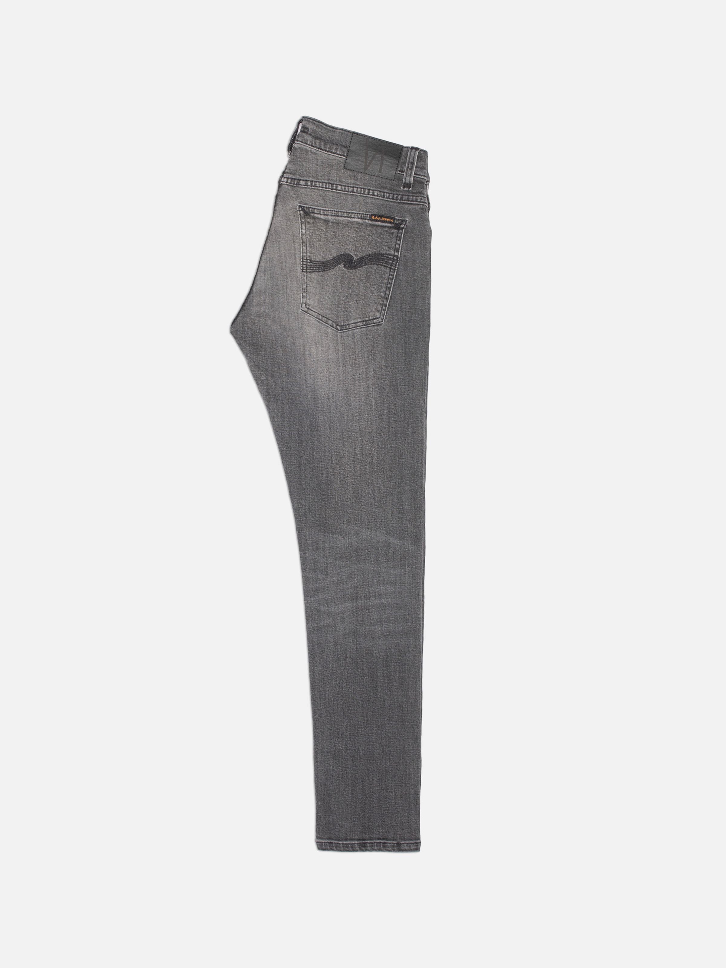 Nudie Jeans Tight Terry Grey Lava, men's tight fit jeans in a grey wash, showing a rear view flat shot.