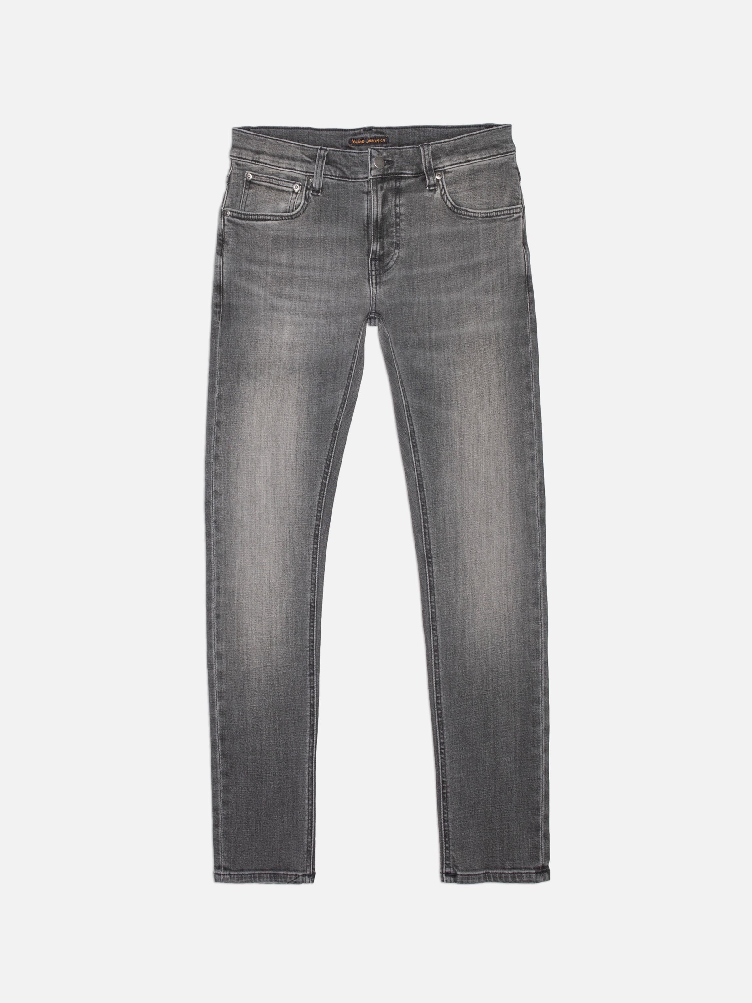 Nudie Jeans Tight Terry Grey Lava, men's tight fit jeans in grey organic cotton stretch denim, shown in a flat shot.