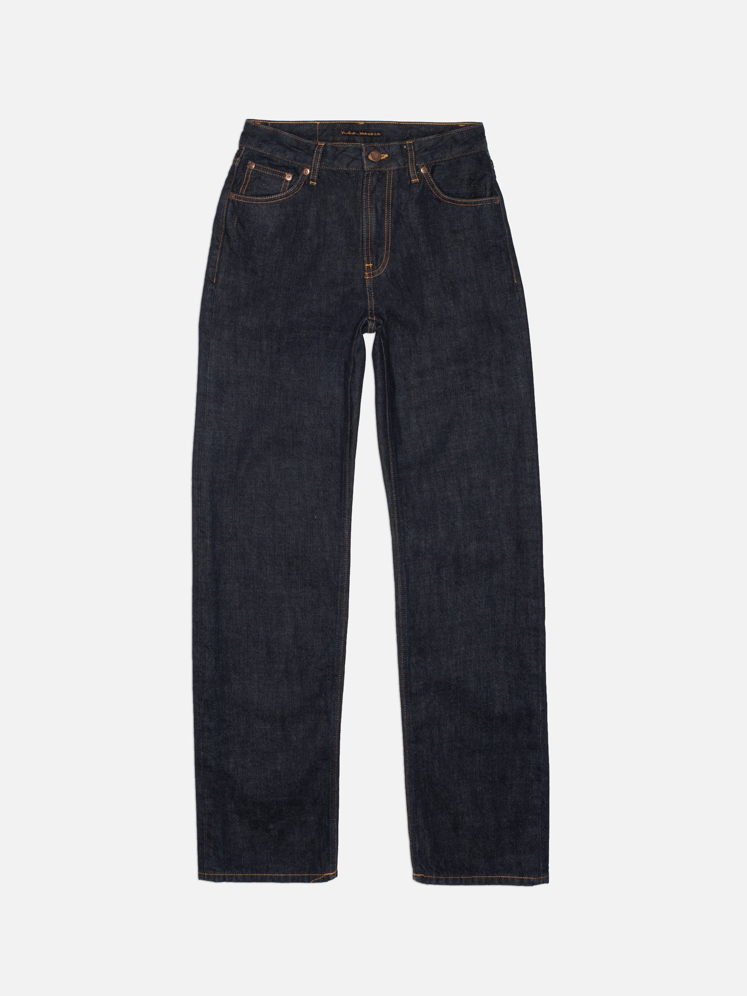 Nudie Jeans Sharp Charlie Blue One Wash, straight-fit jeans in deep blue rigid organic denim shown as a flat lay.