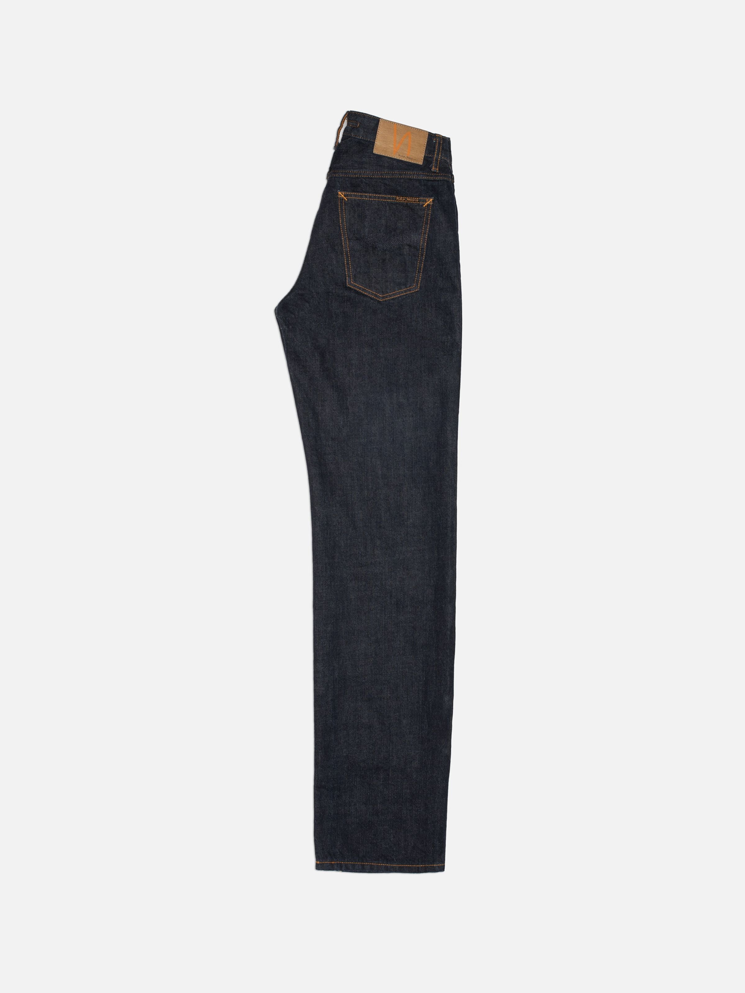 Nudie Jeans Sharp Charlie Blue One Wash, straight-leg rigid denim jeans with orange seams and navy back pocket embroidery.
