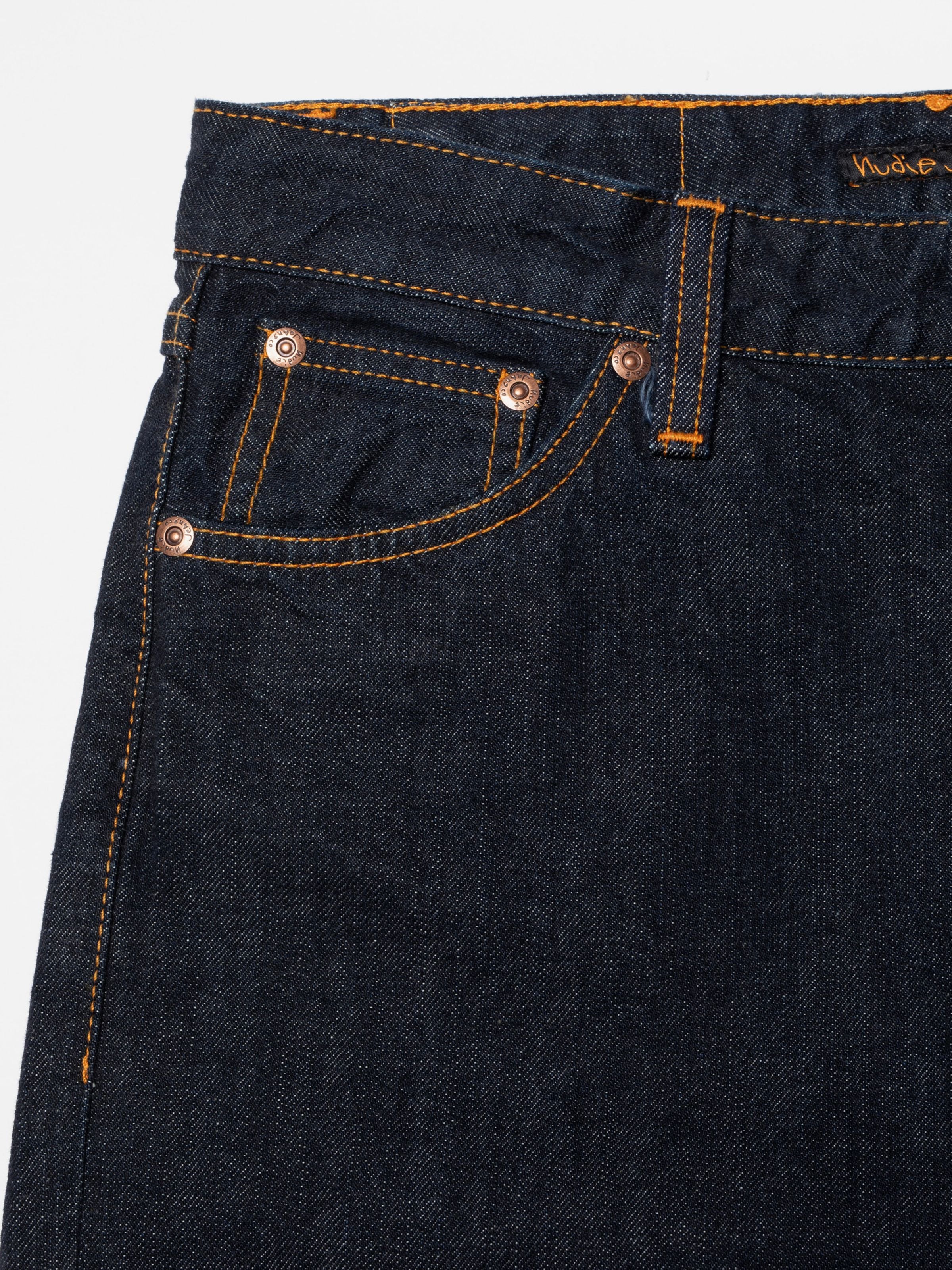 Nudie Jeans Sharp Charlie Blue One Wash, women's straight leg jeans, showing a close-up of the front pocket and copper trims.