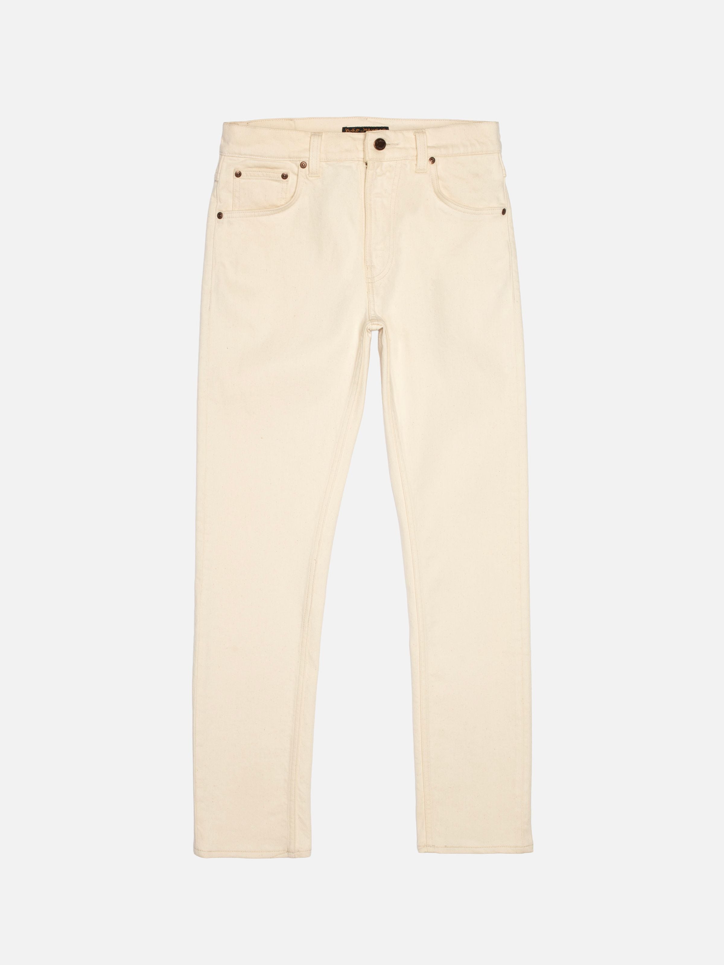 Nudie Jeans Lean Dean Ivory, slim tapered fit jeans in ecru organic cotton stretch denim, shown laid flat.