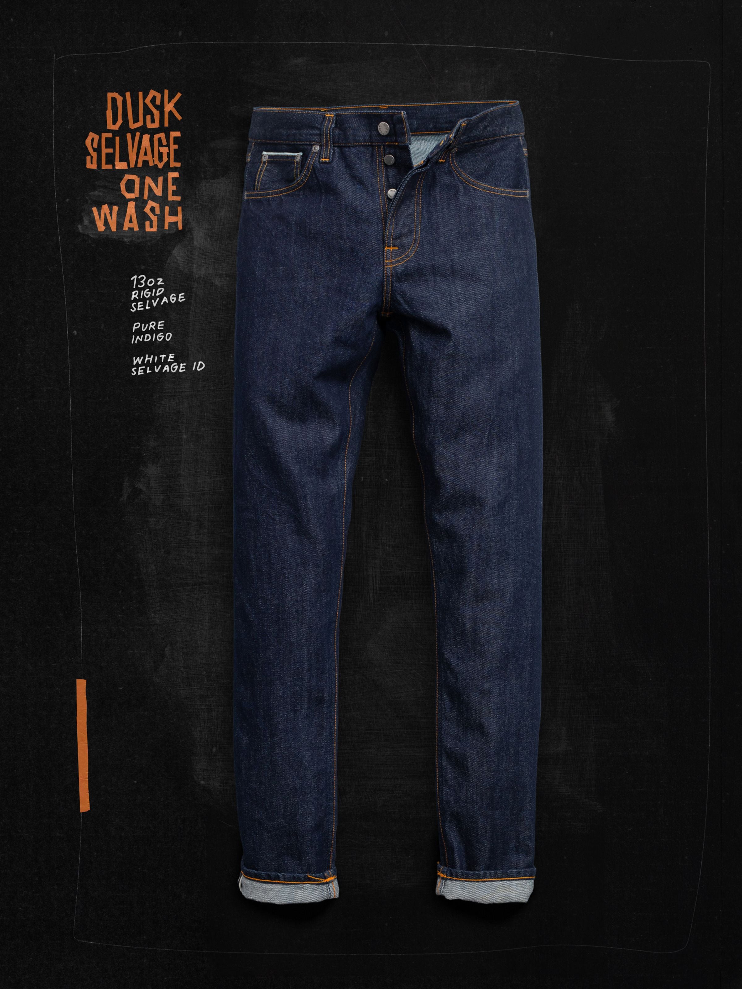 Nudie Jeans Steady Eddie II Dusk Selvage One Wash, men's regular tapered fit jeans shown in a flat shot on a dark background.