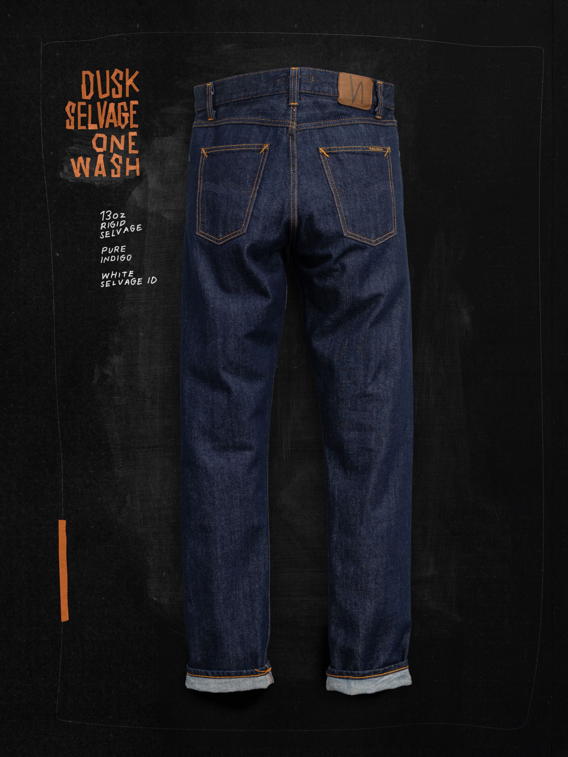 Nudie Jeans Steady Eddie II Dusk Selvage One Wash, regular fit selvedge jeans in dark indigo shown from the back.
