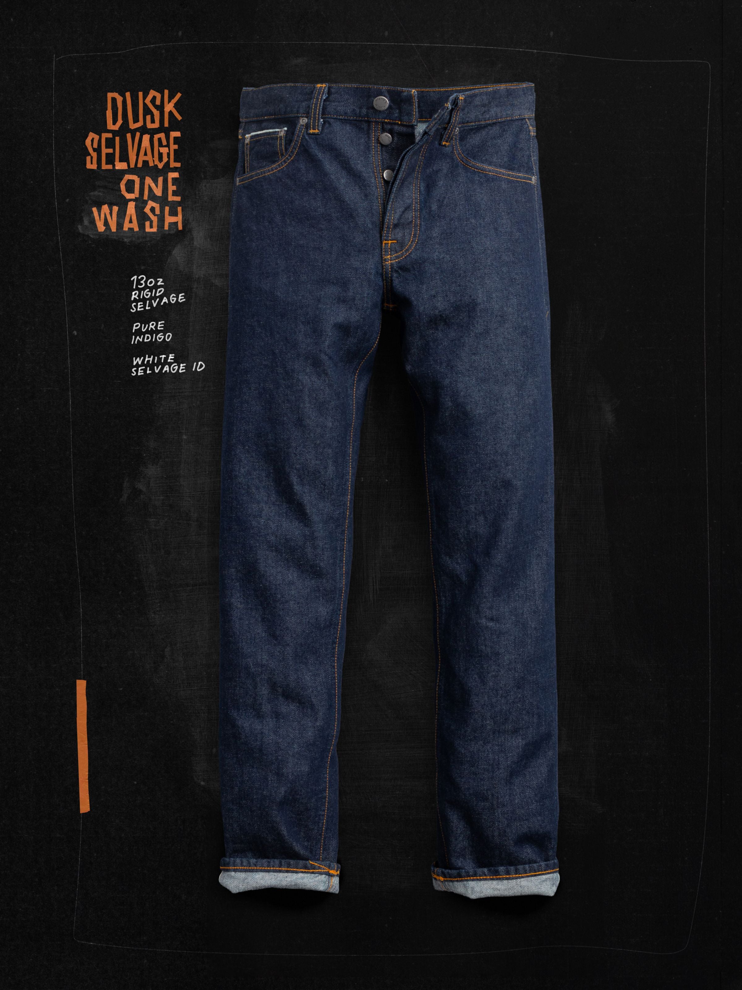 Nudie Jeans Rad Rufus Dusk Selvage One Wash, men's regular fit jeans shown in a flat shot with handwritten style typography.