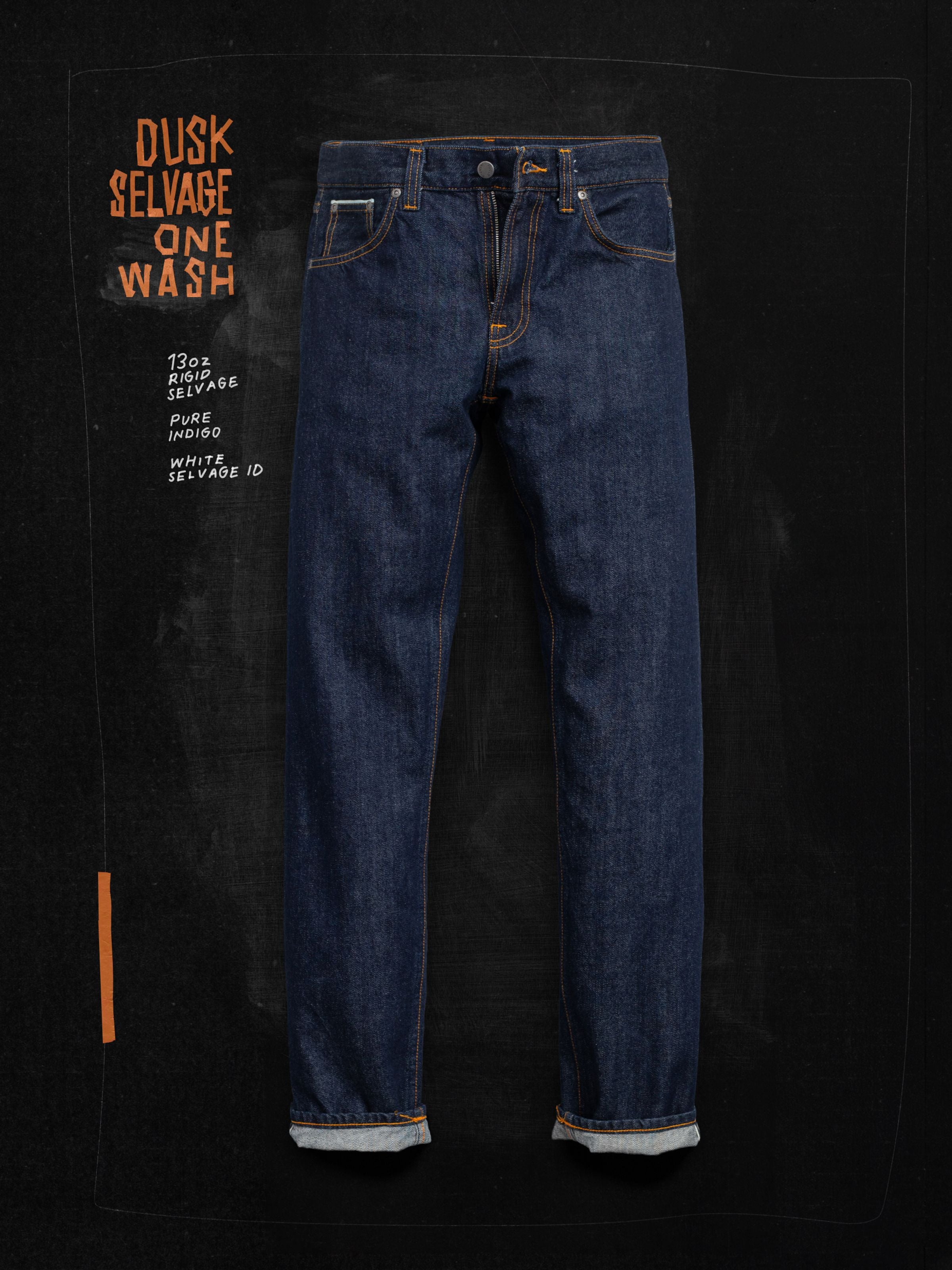 Gritty Jackson Dusk Selvage One Wash, men's regular fit selvedge jeans in dark indigo, shown in a flat shot.