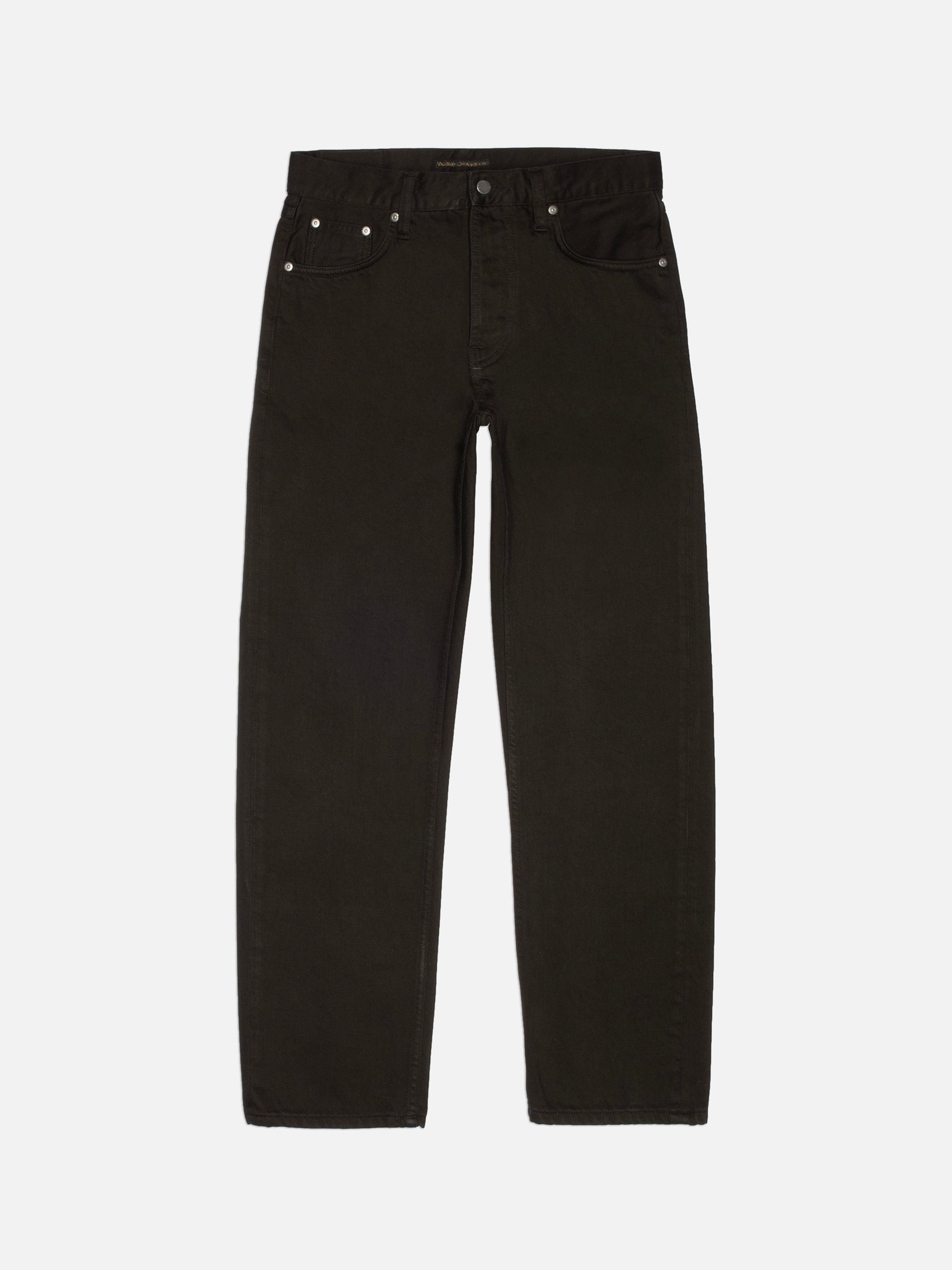 Nudie Jeans Rad Rufus Deep Black, regular fit rigid organic cotton jeans, shown in a full-length flatshot.