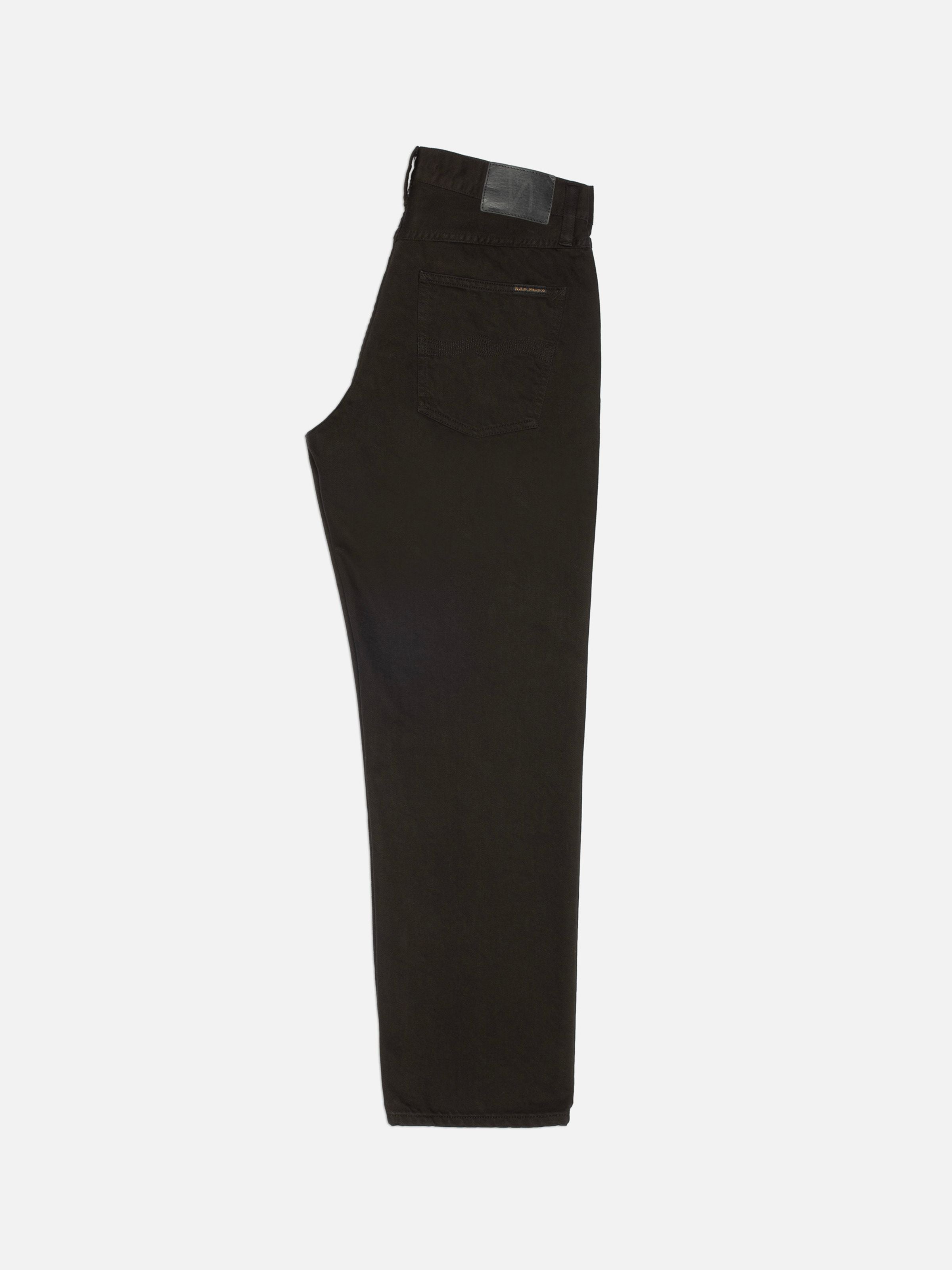 Nudie Jeans Rad Rufus Deep Black, regular fit rigid organic cotton jeans, side profile view against a white background.