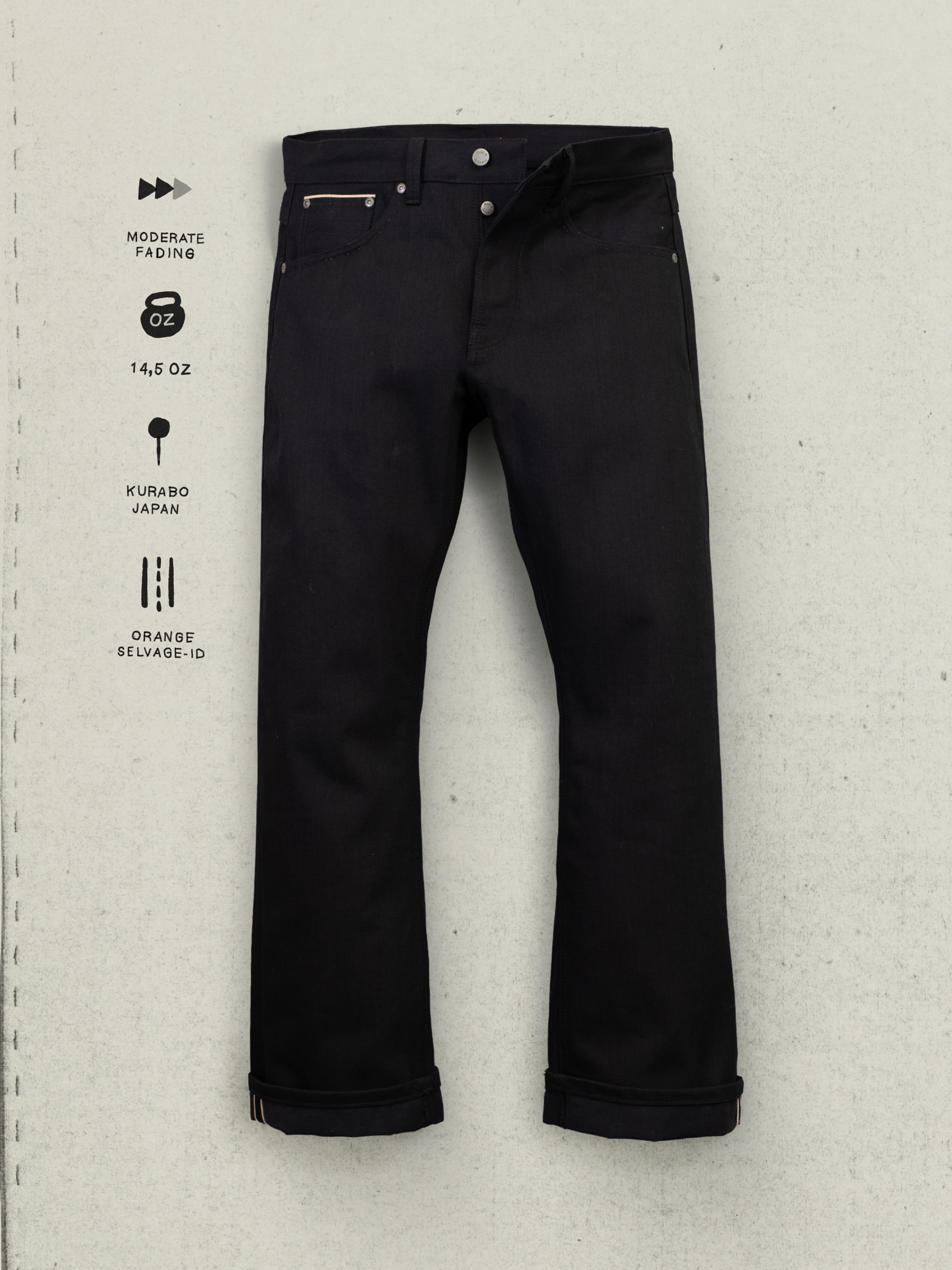 Nudie Jeans Regular Alf Dry Black Selvage, flatshot showing the front view, black rigid denim, and button fly.