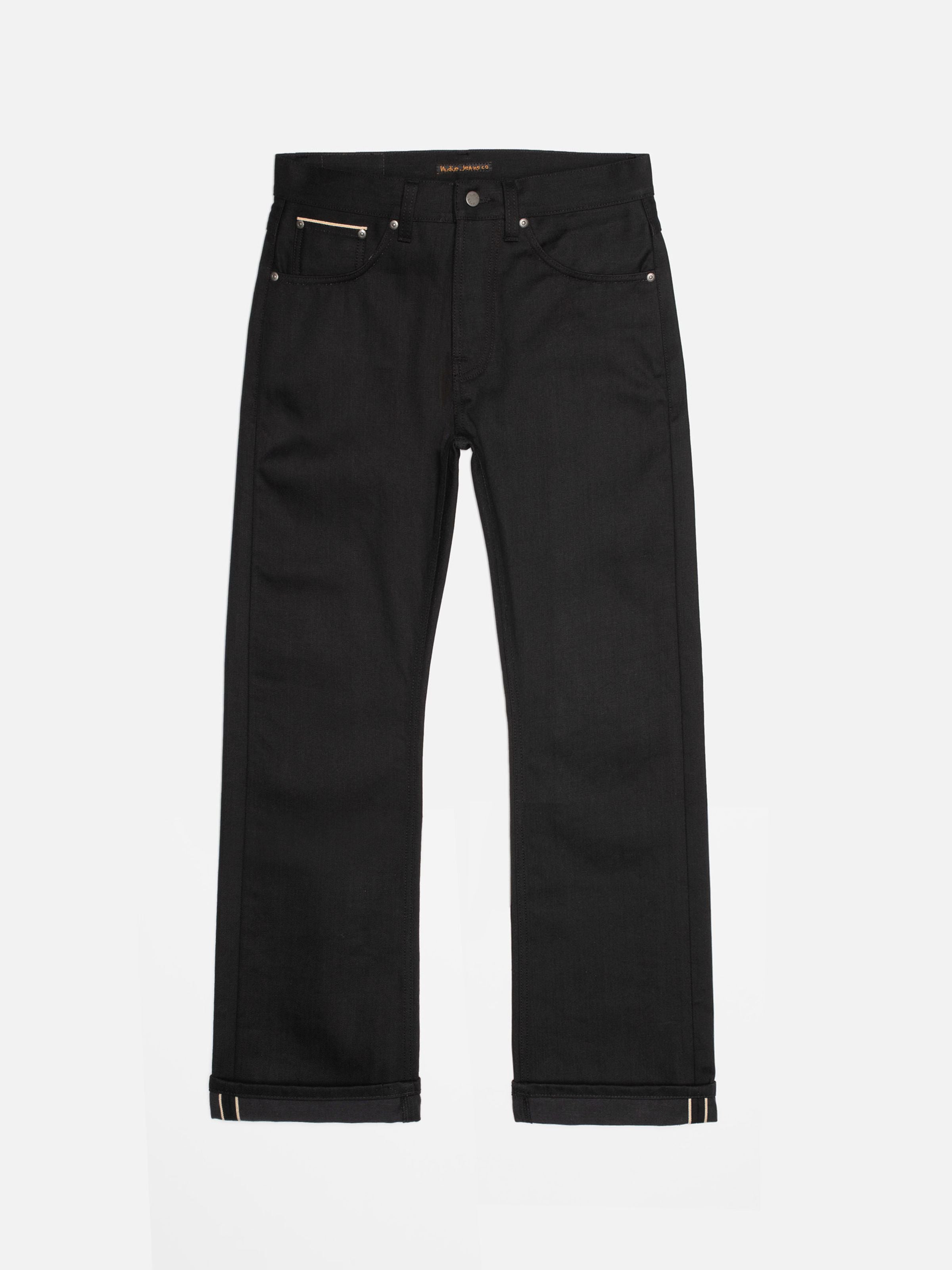 Nudie Jeans Regular Alf Dry Black Selvage, regular fit jeans in black, front view showcasing the rigid selvedge denim.
